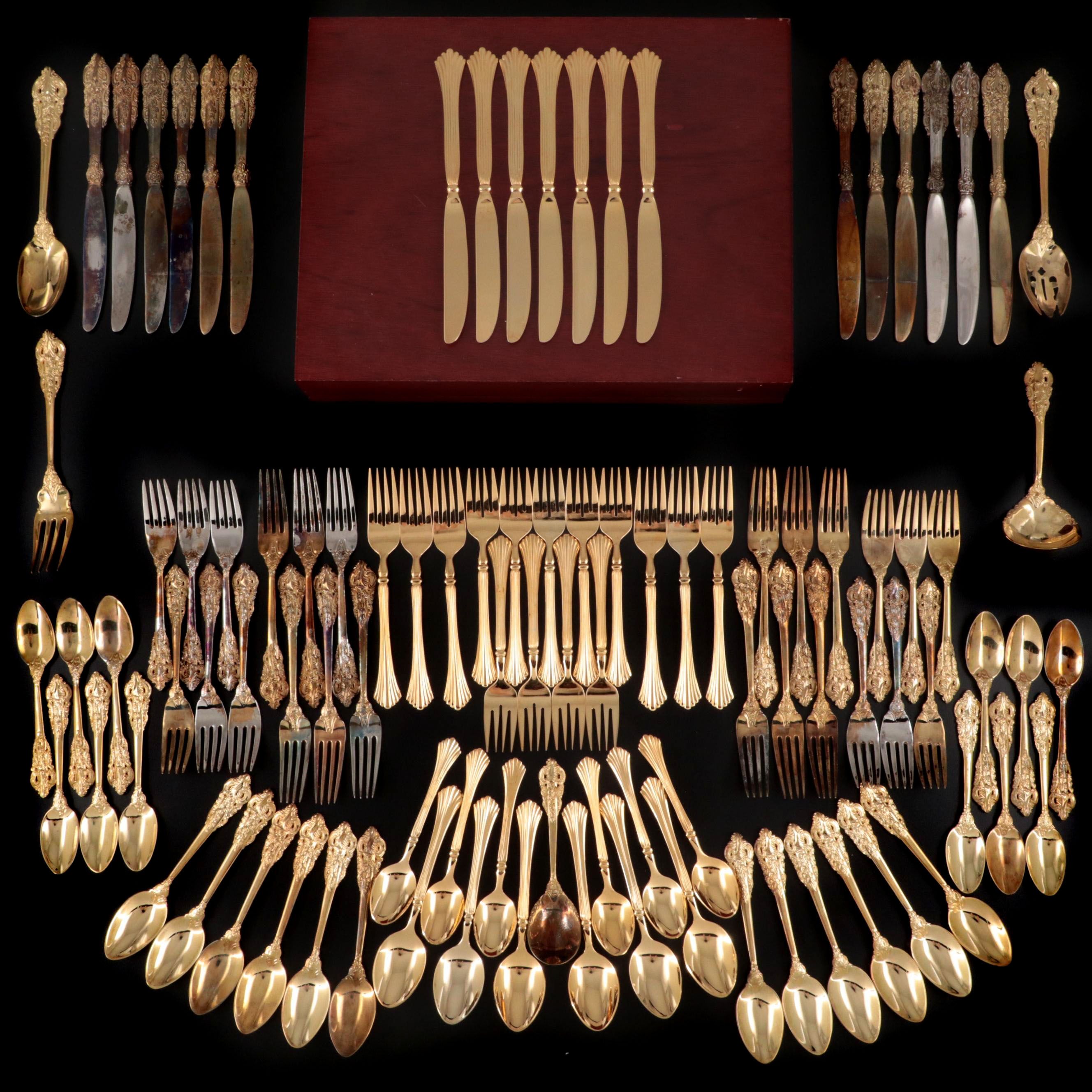 Godinger "Baroque" Gold Plate Flatware with Other Gold Plate Flatware and Case