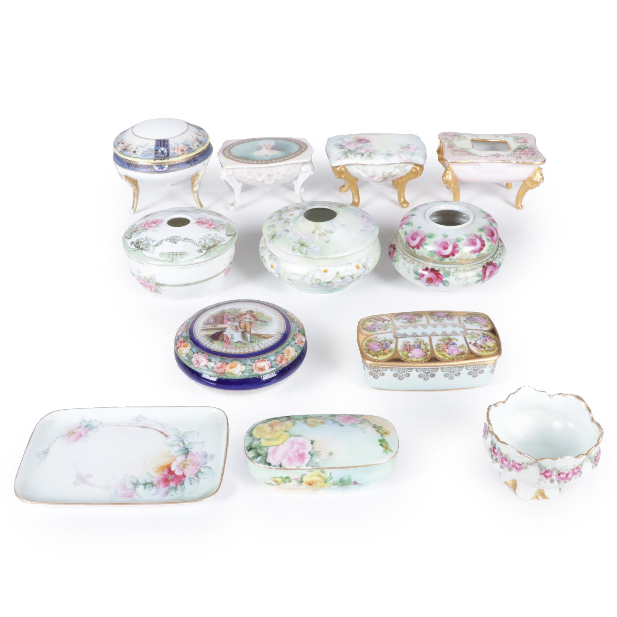 European Porcelain Hair Receivers and Vanity Boxes Featuring Haviland and More