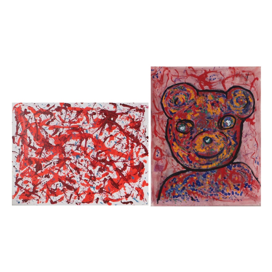 Lois Walker Mixed Media Paintings Including "Red Teddy Bear"