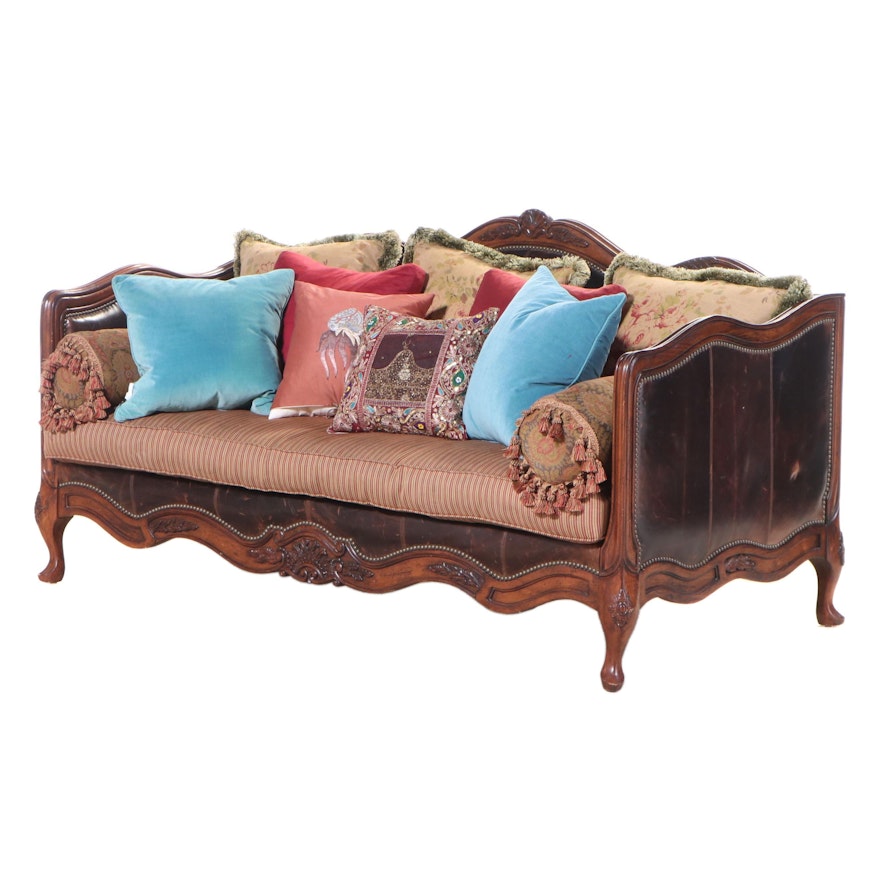 Lillian August Louis XV Style Wood and Leather Sofa with Pillows