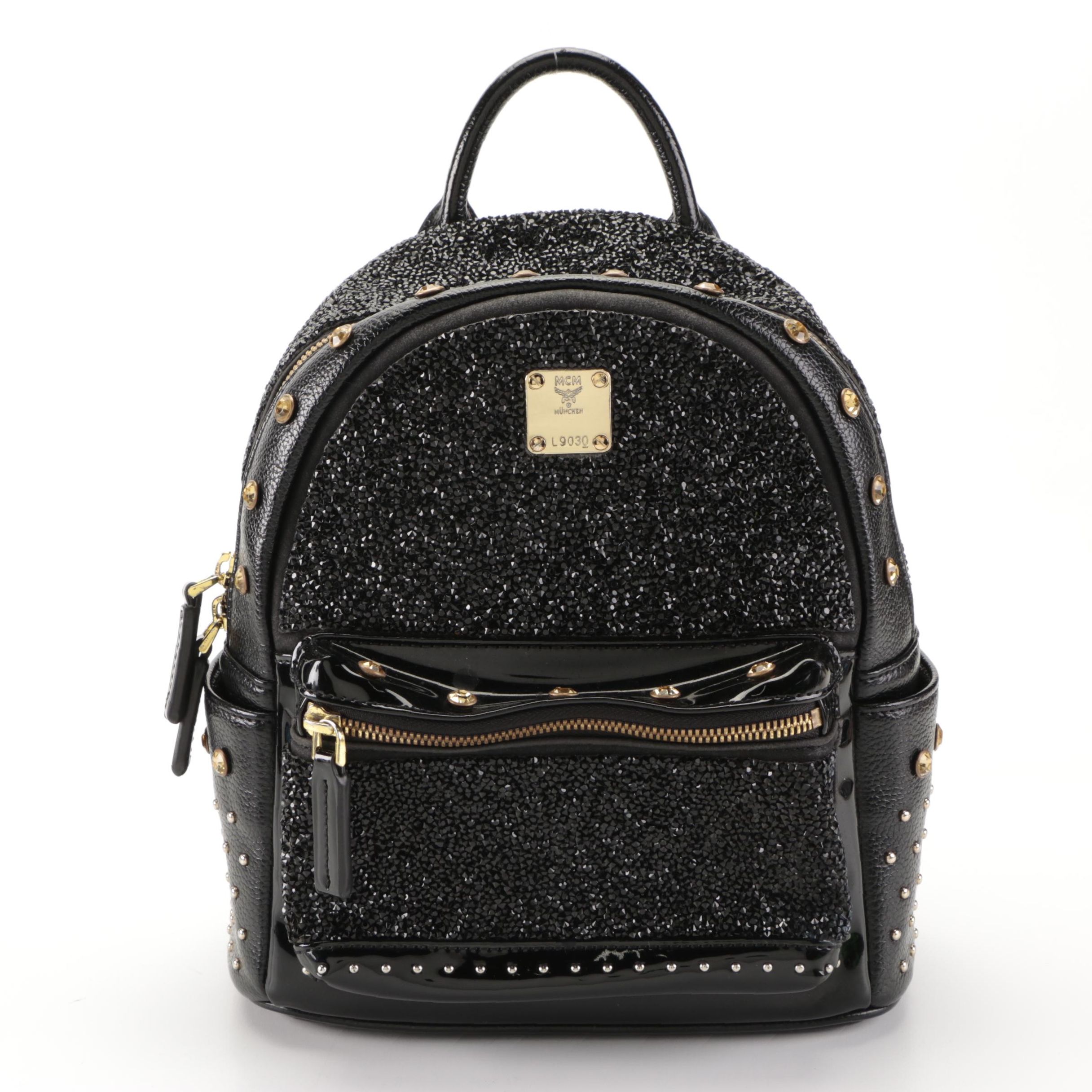 MCM Stark Kristal X-Mini Backpack in Black Embellished Leather