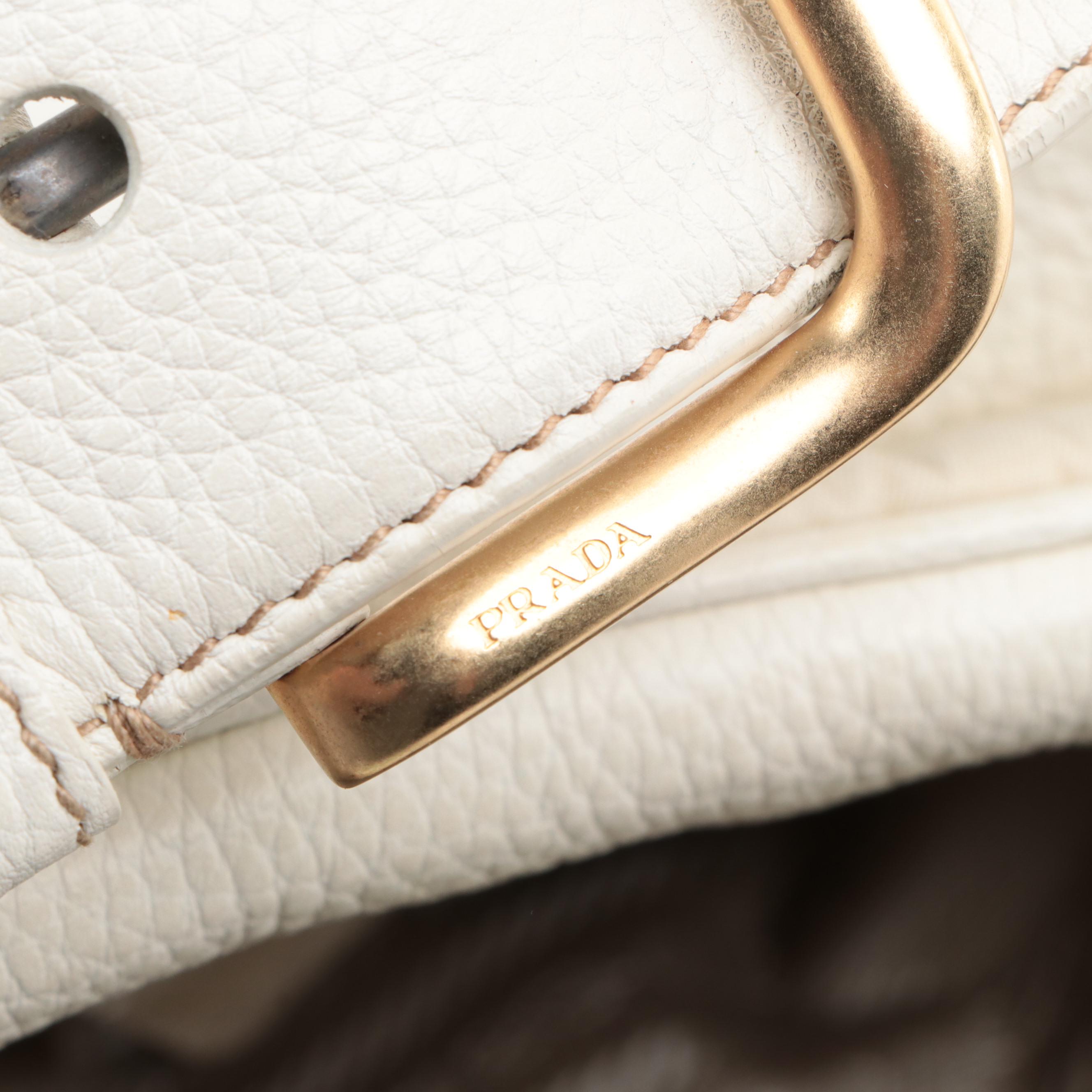 Prada Locking Shoulder Bag in Off-White Leather/Nylon with Buckle Strap