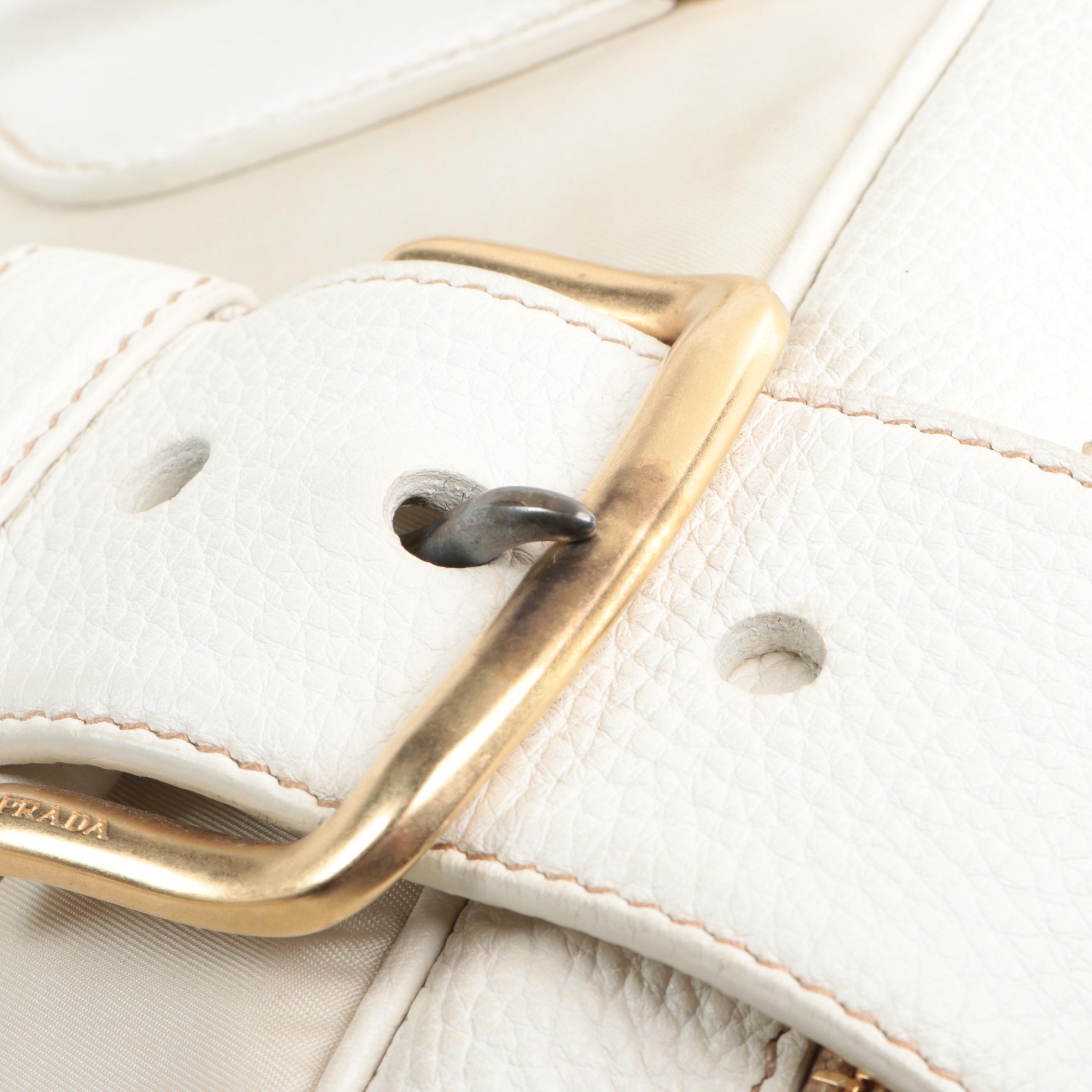 Prada Locking Shoulder Bag in Off-White Leather/Nylon with Buckle Strap