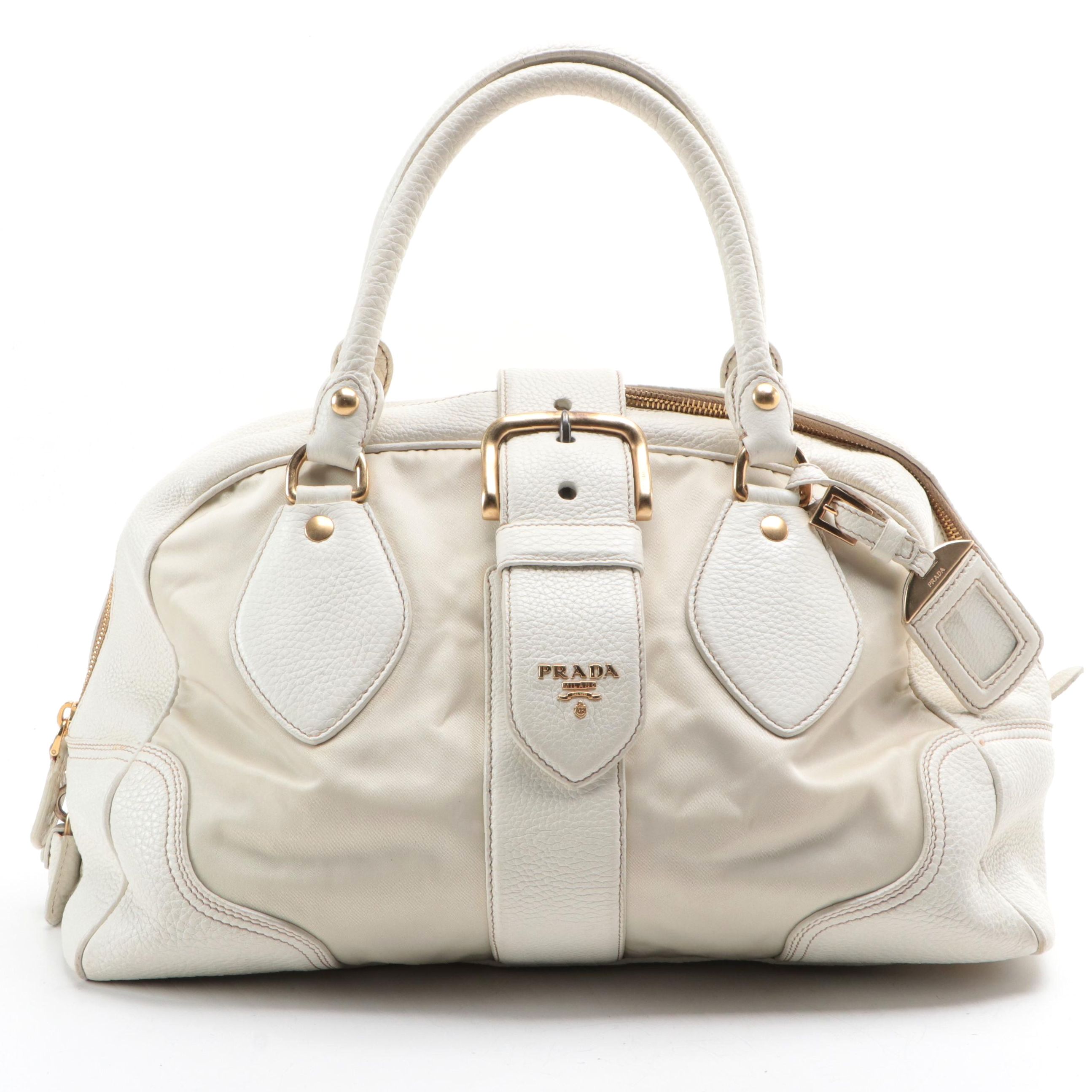 Prada Locking Shoulder Bag in Off-White Leather/Nylon with Buckle Strap