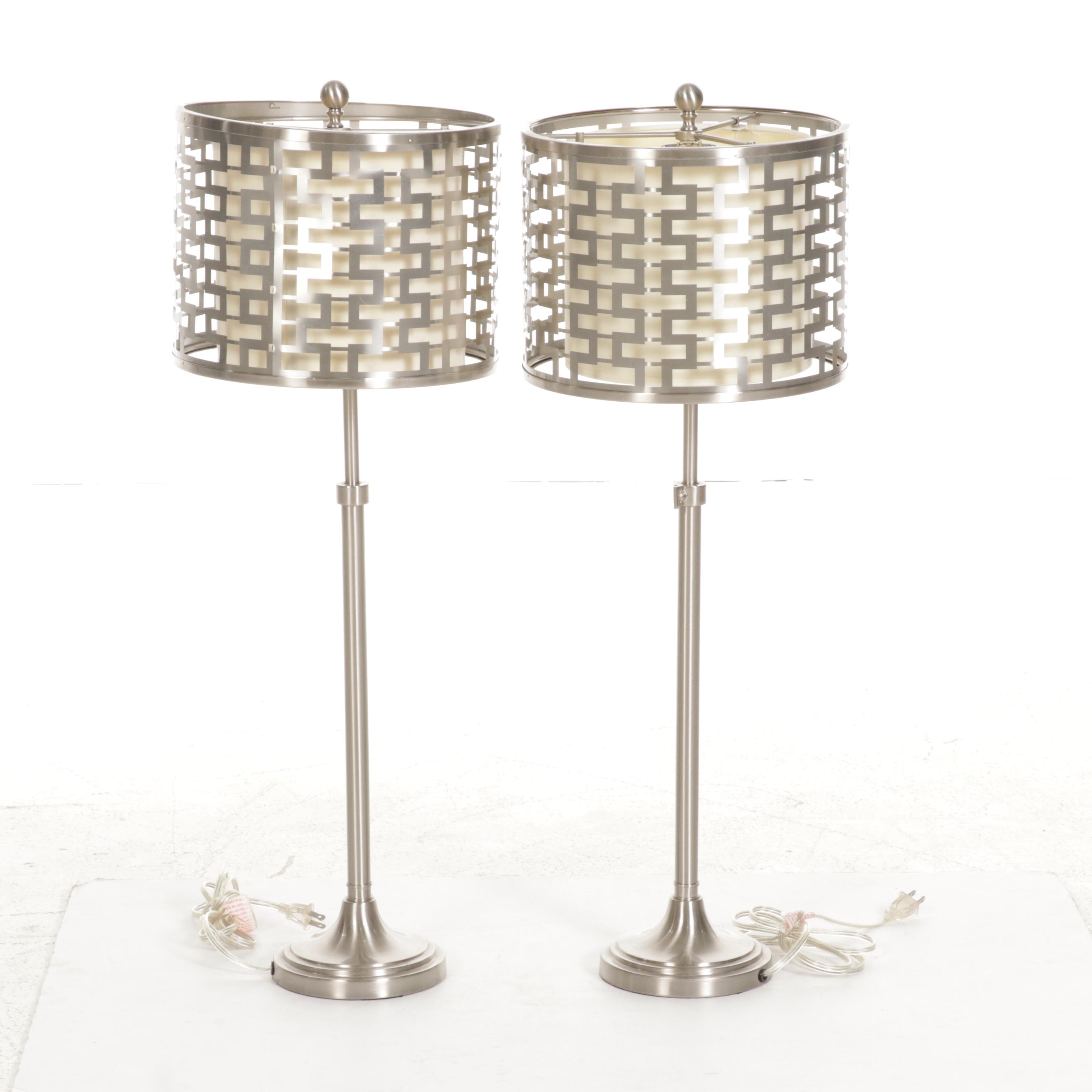 Pair of Contemporary Brick Lattice Cage Buffet Lamps in Brushed Nickel Finish
