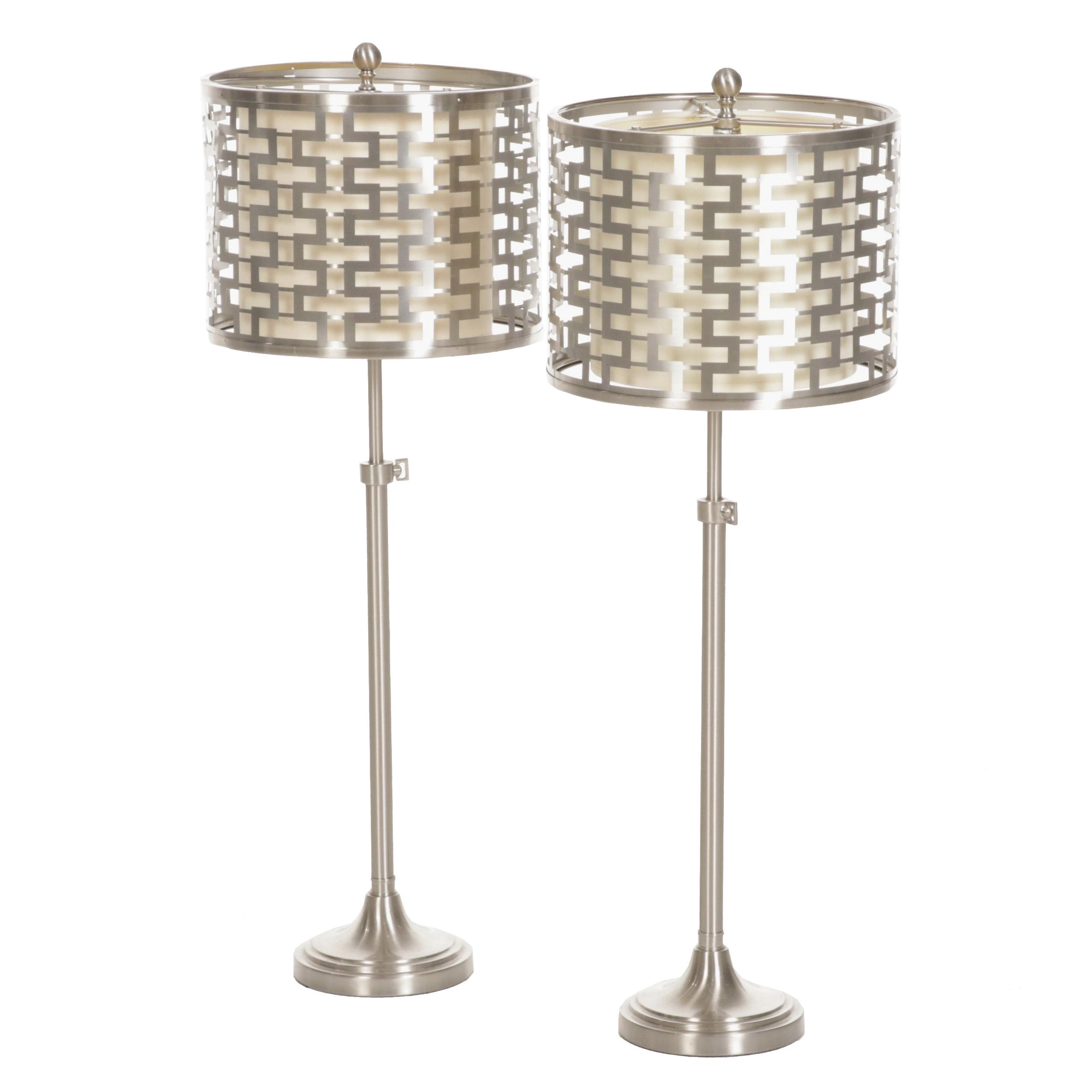 Pair of Contemporary Brick Lattice Cage Buffet Lamps in Brushed Nickel Finish