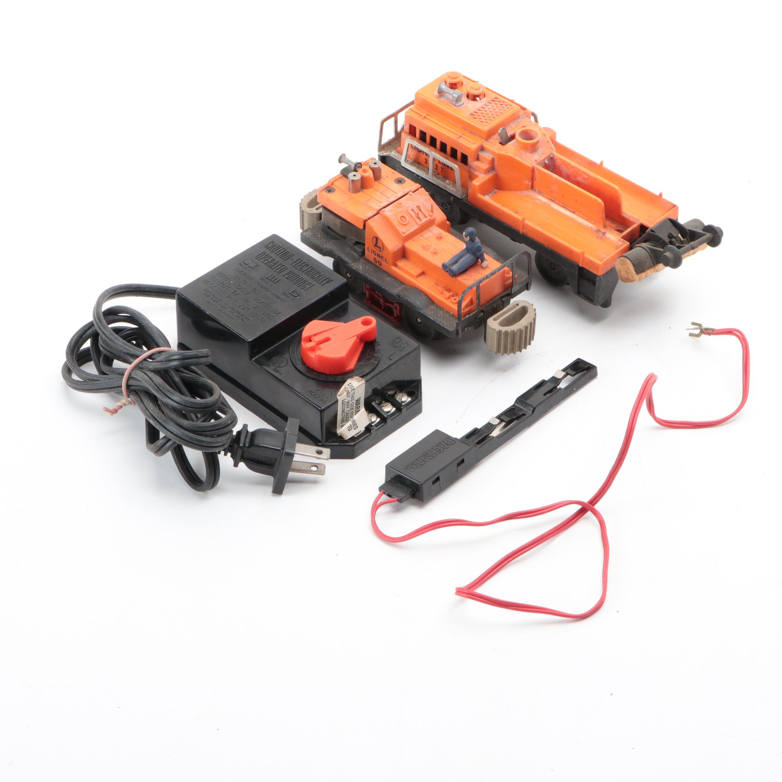 Lionel O-Scale Track Cleaning Car and Gang Car with Transformer and Power Clip