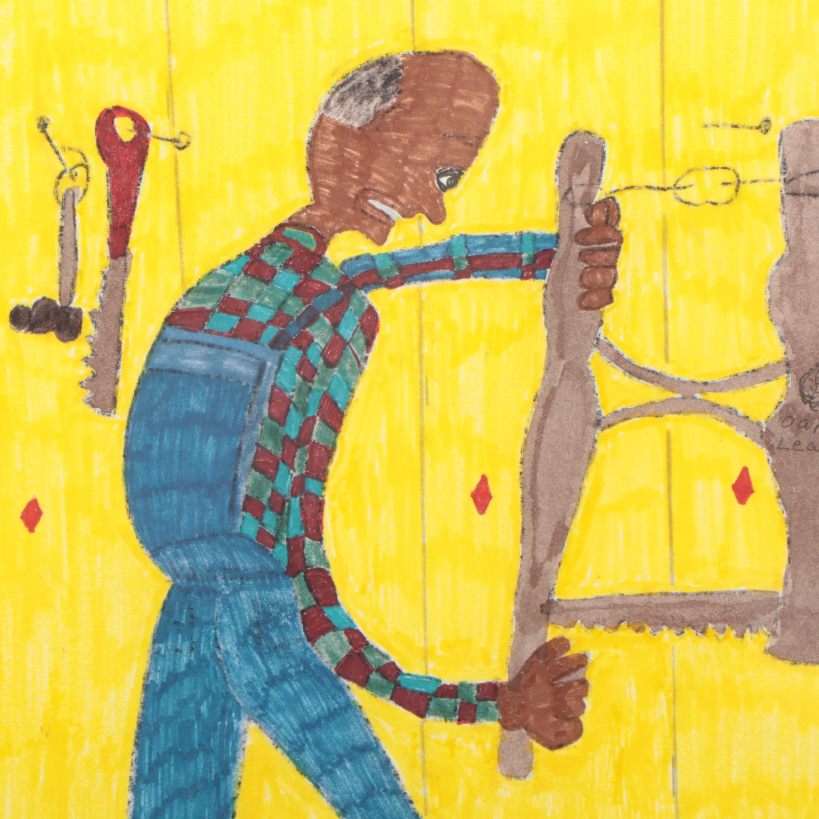 Joan Dance Outsider Art Ink Drawing "Man & Cross Saw," Late 20th Century