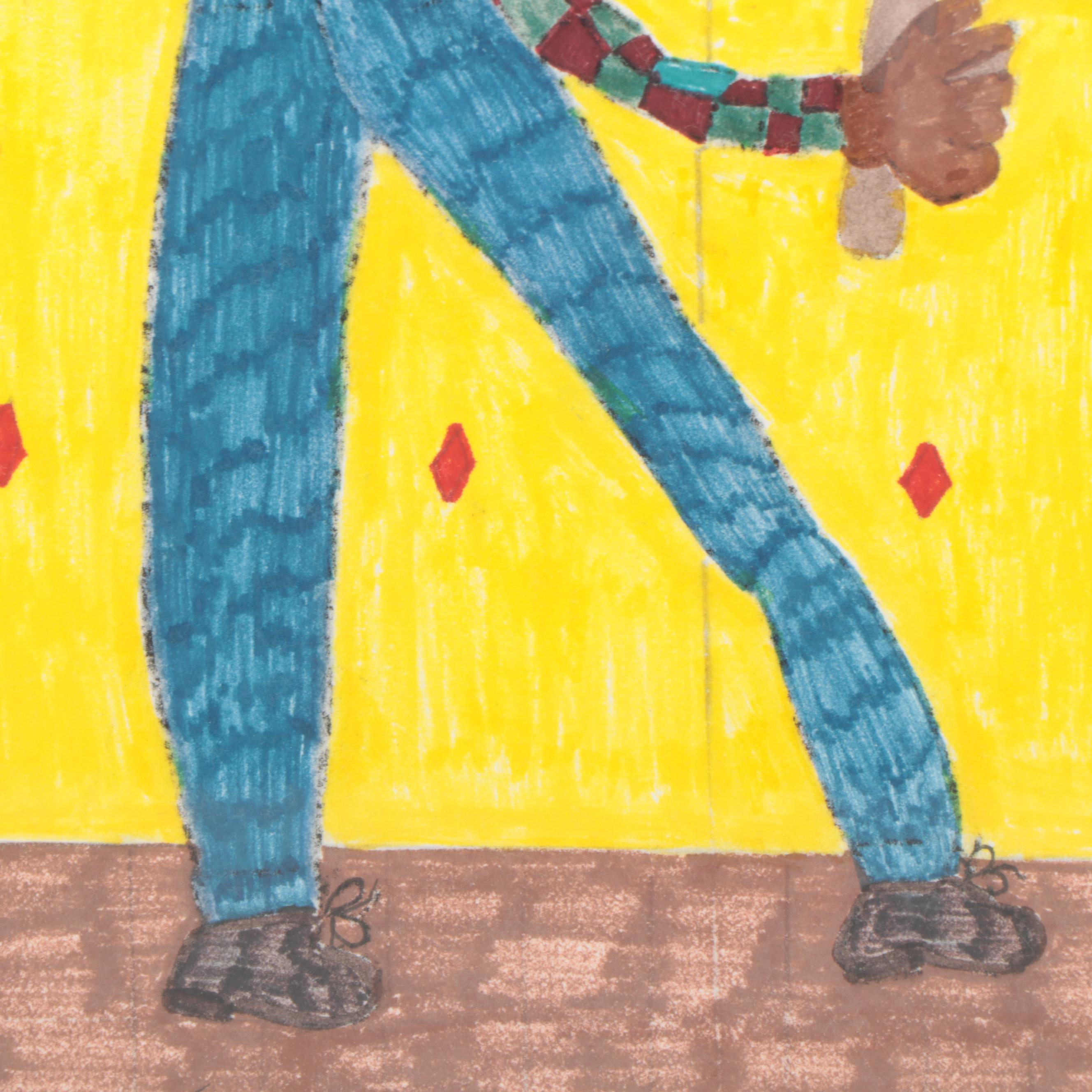 Joan Dance Outsider Art Ink Drawing "Man & Cross Saw," Late 20th Century