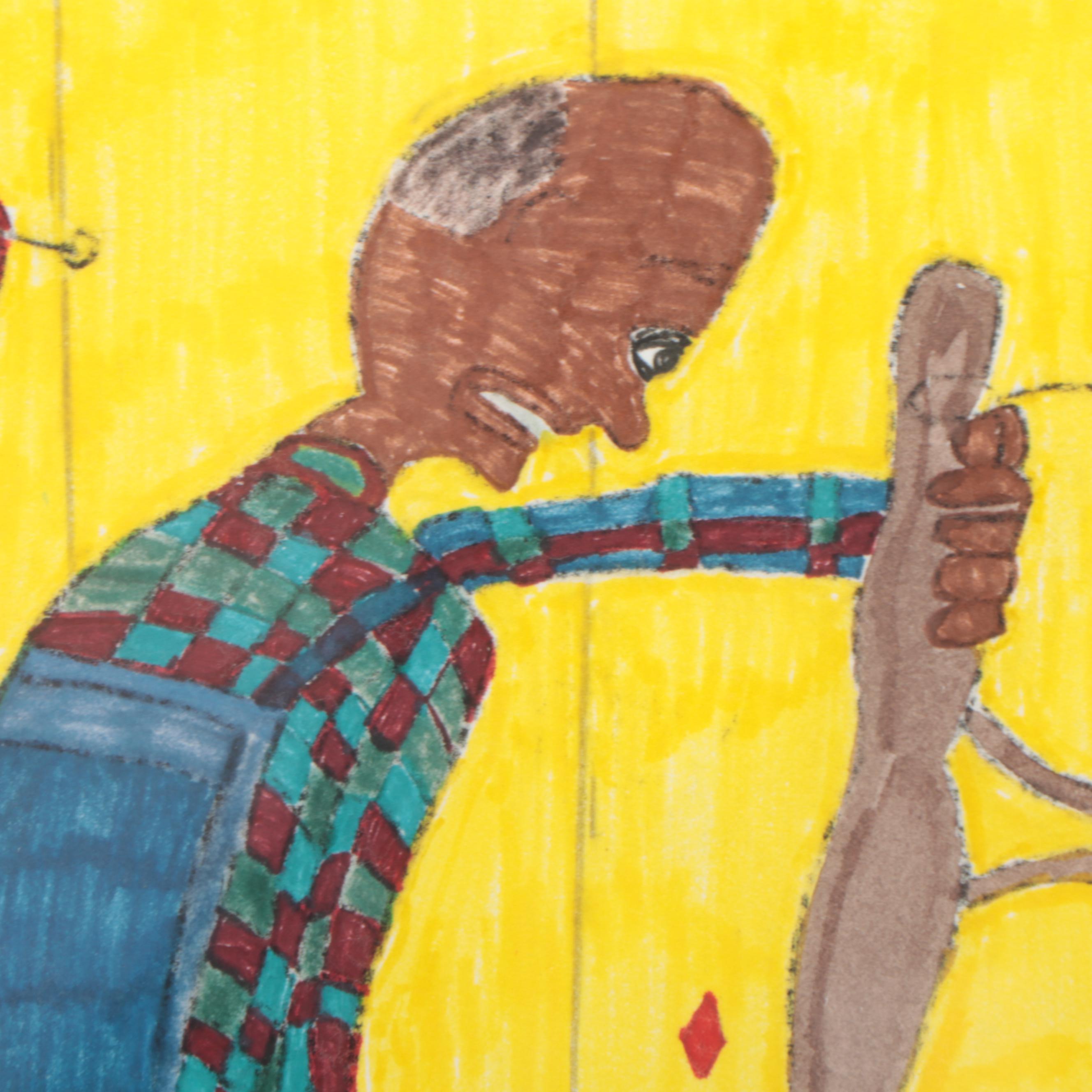 Joan Dance Outsider Art Ink Drawing "Man & Cross Saw," Late 20th Century