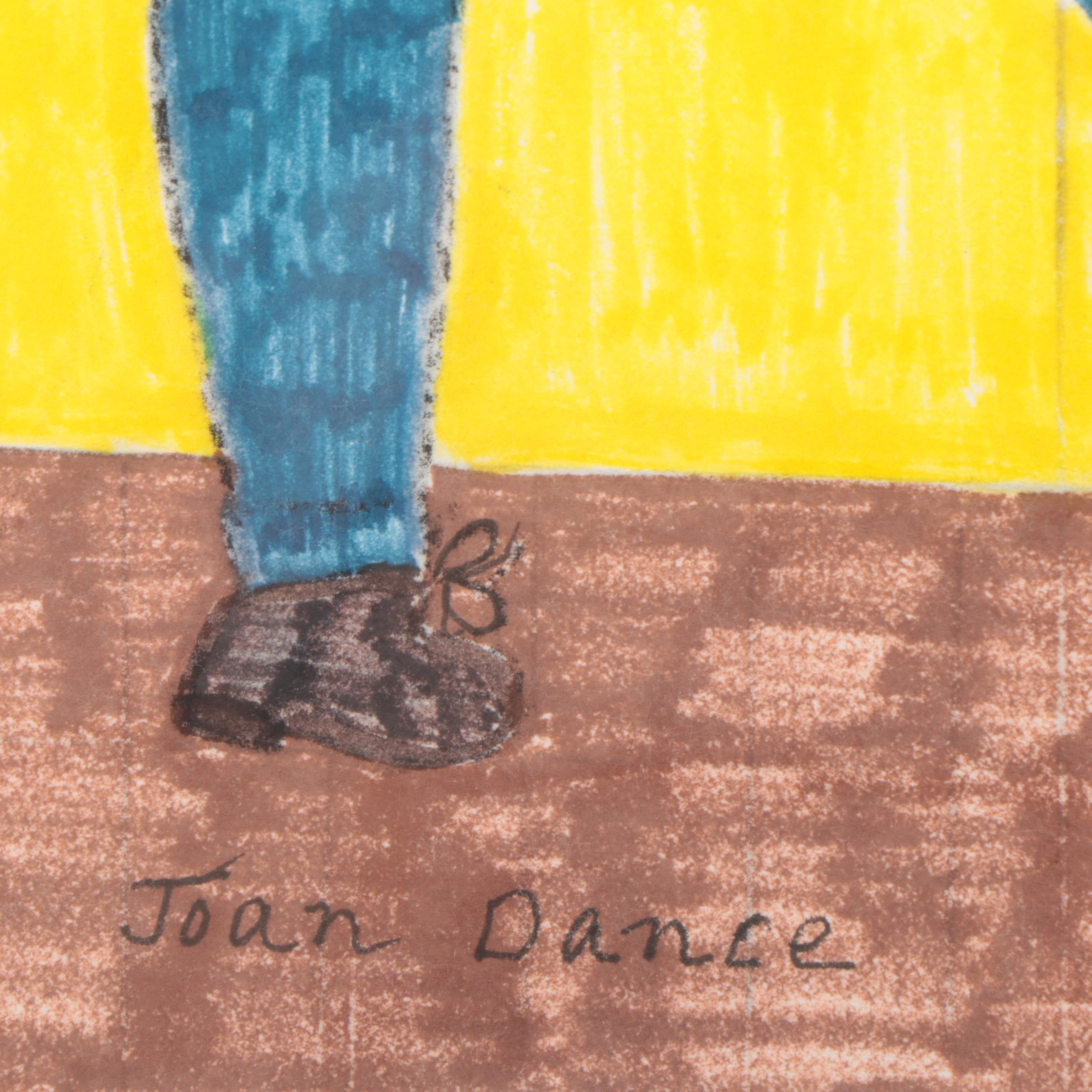 Joan Dance Outsider Art Ink Drawing "Man & Cross Saw," Late 20th Century