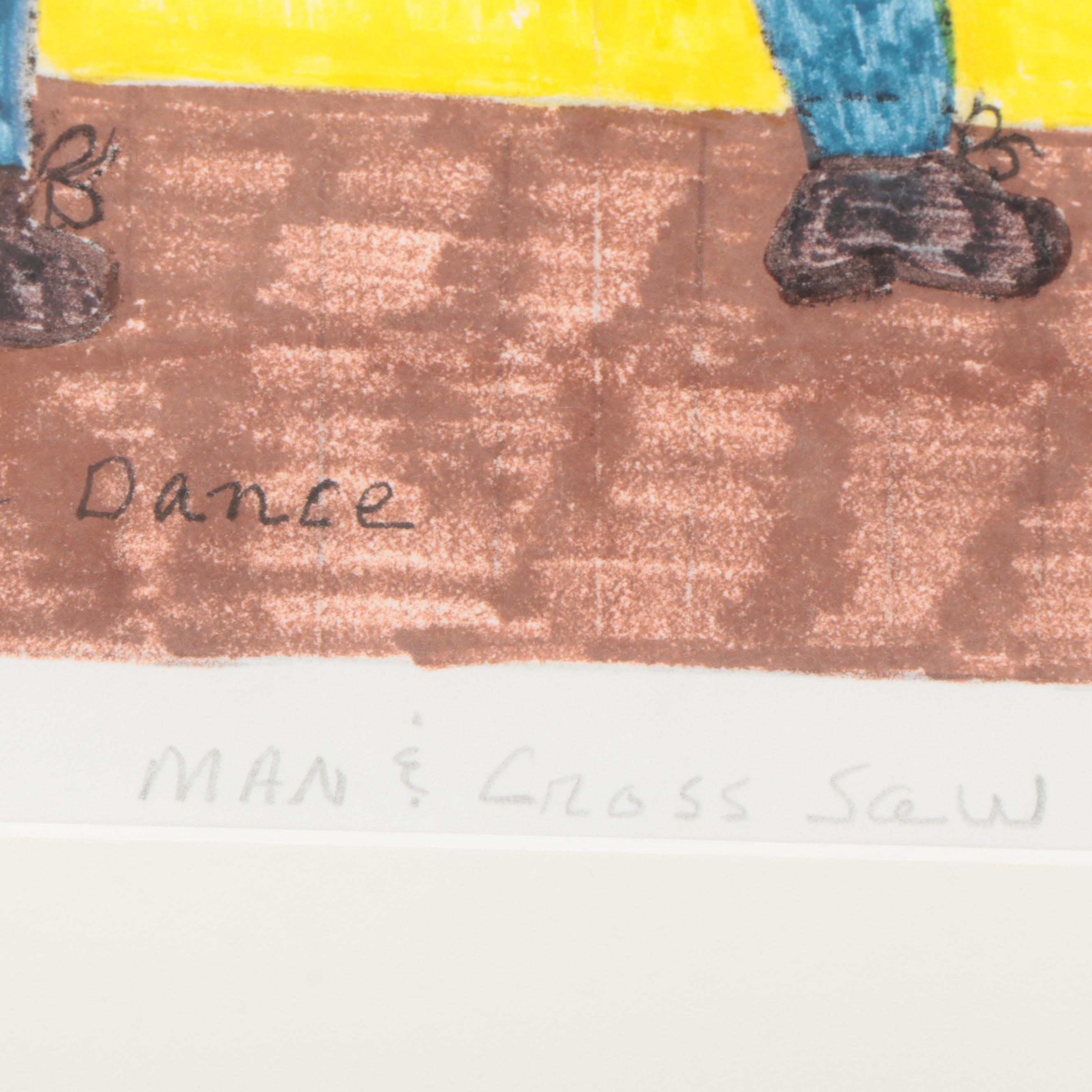 Joan Dance Outsider Art Ink Drawing "Man & Cross Saw," Late 20th Century