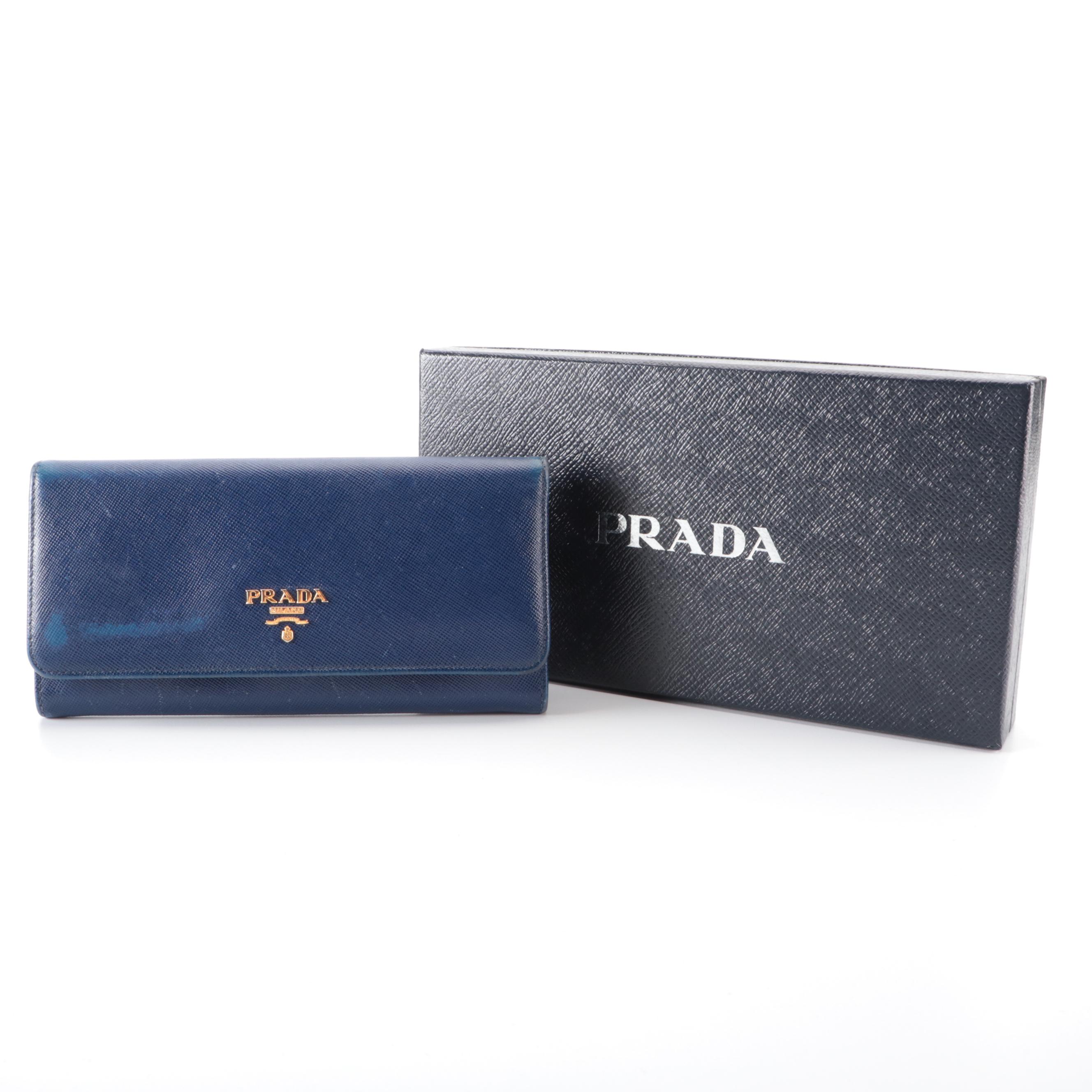 Prada Continental Wallet in Blue Saffiano Leather with Box