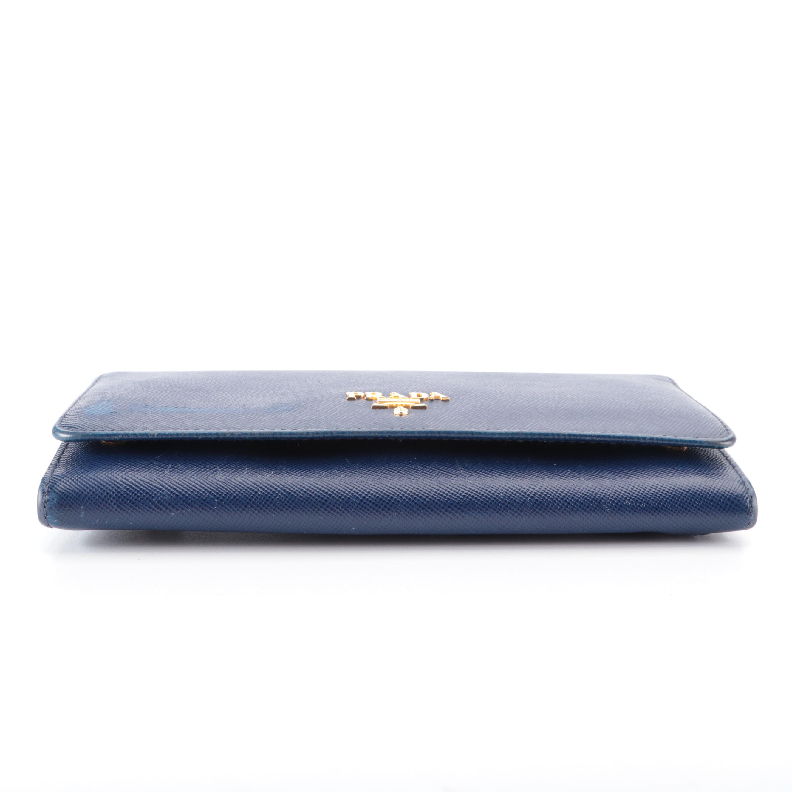 Prada Continental Wallet in Blue Saffiano Leather with Box