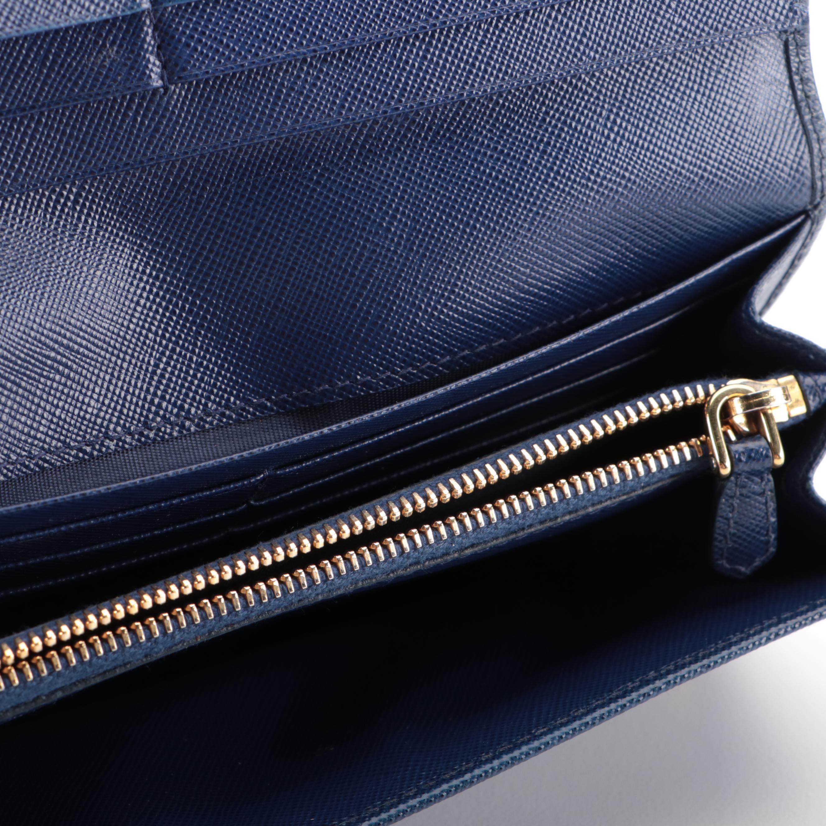Prada Continental Wallet in Blue Saffiano Leather with Box