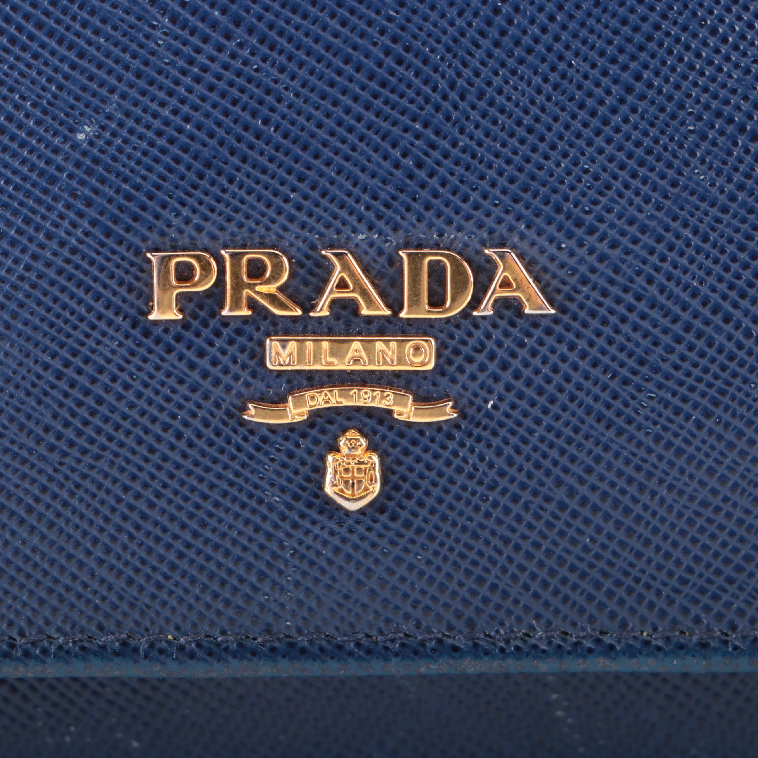 Prada Continental Wallet in Blue Saffiano Leather with Box
