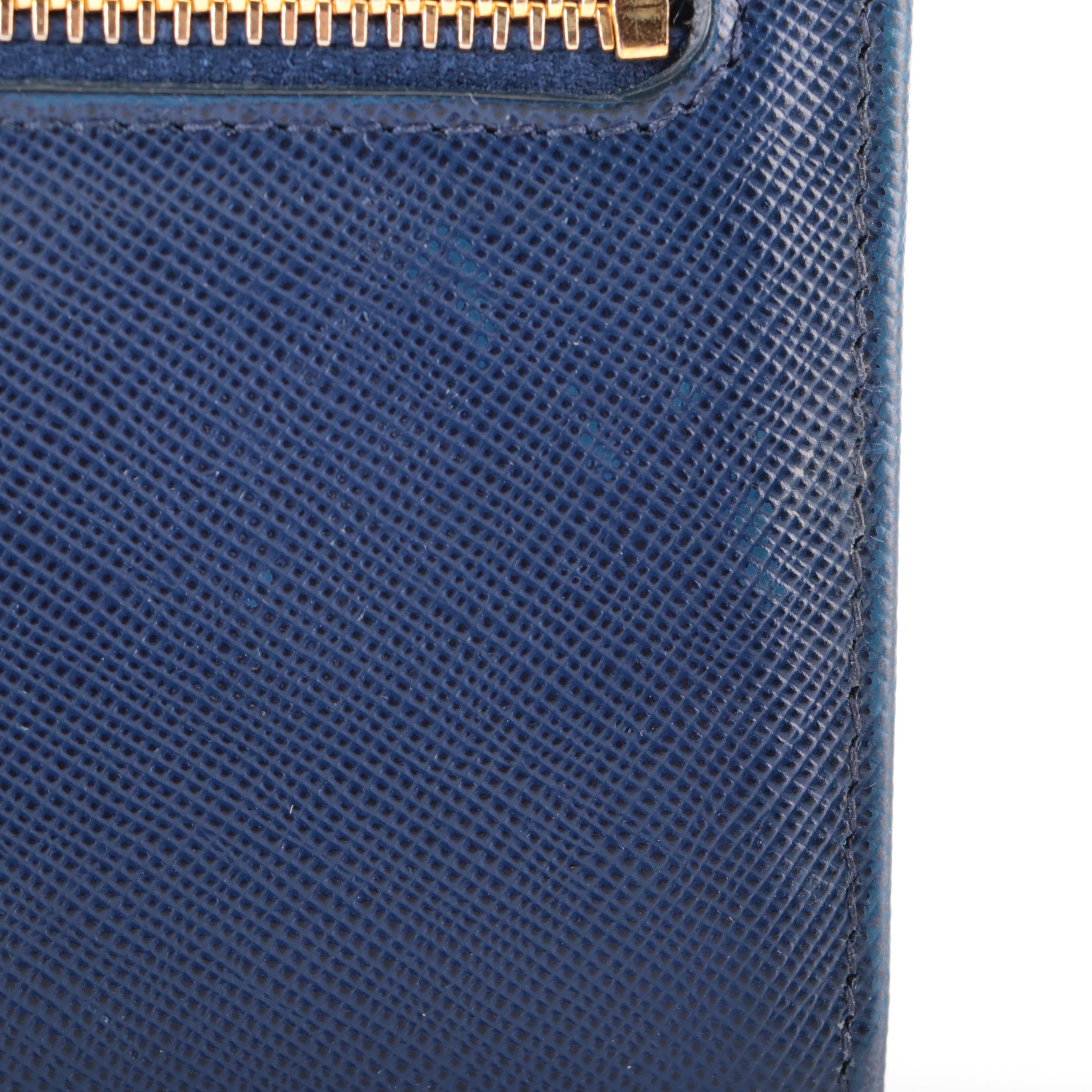 Prada Continental Wallet in Blue Saffiano Leather with Box