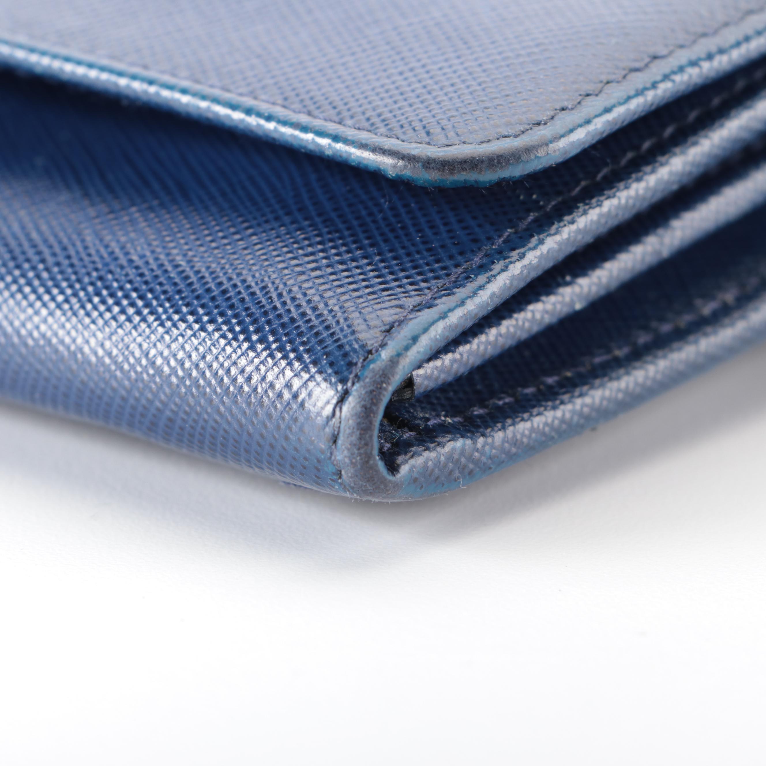 Prada Continental Wallet in Blue Saffiano Leather with Box