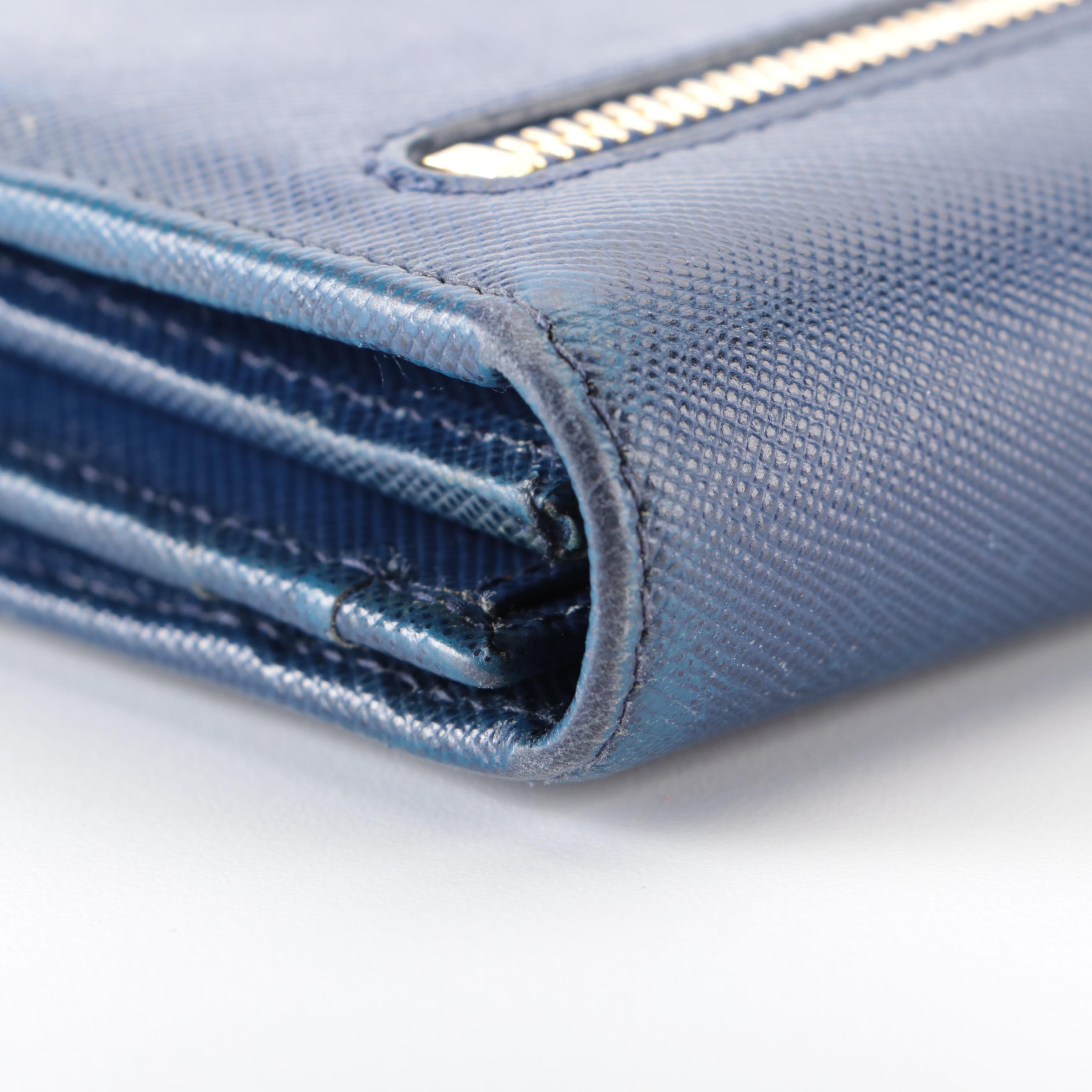 Prada Continental Wallet in Blue Saffiano Leather with Box