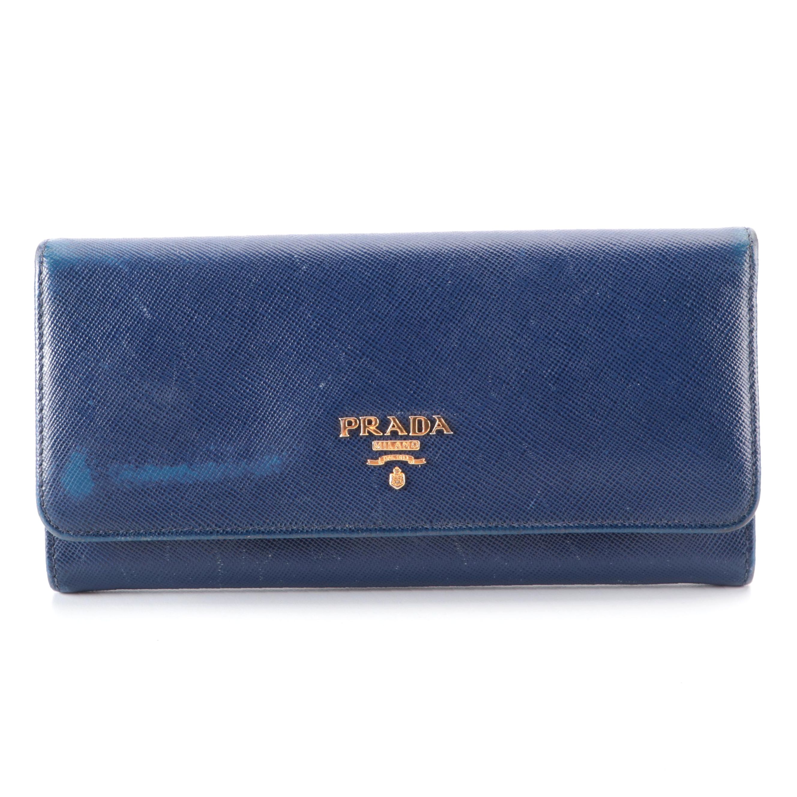 Prada Continental Wallet in Blue Saffiano Leather with Box