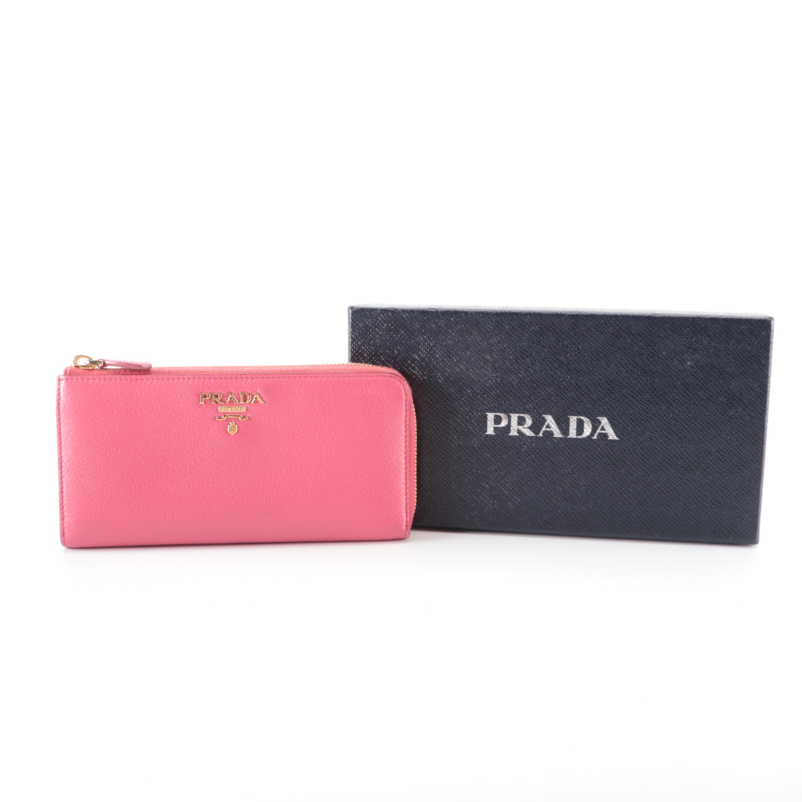 Prada Zip Around Wallet in Pink Grained Leather with Box