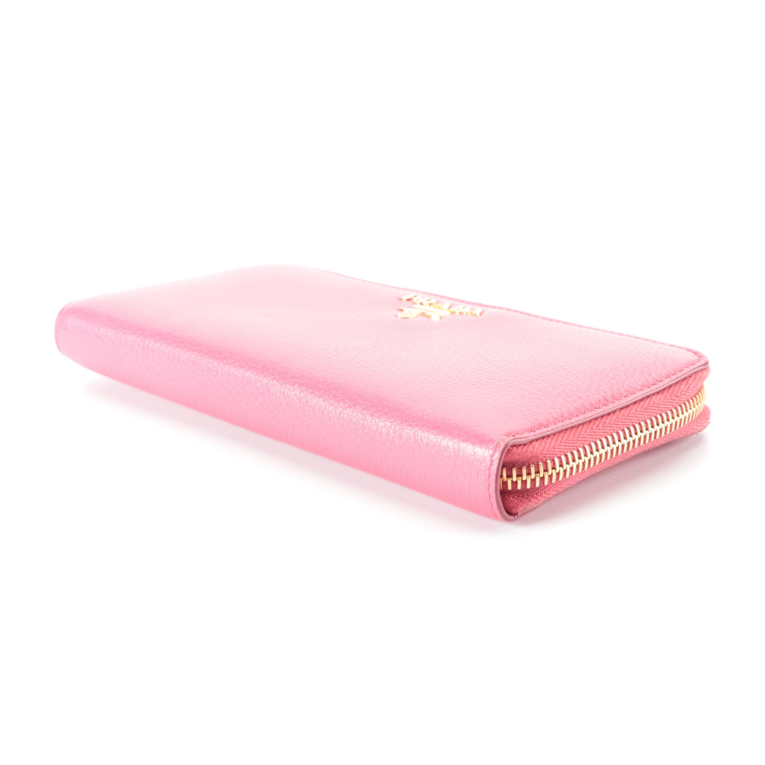 Prada Zip Around Wallet in Pink Grained Leather with Box