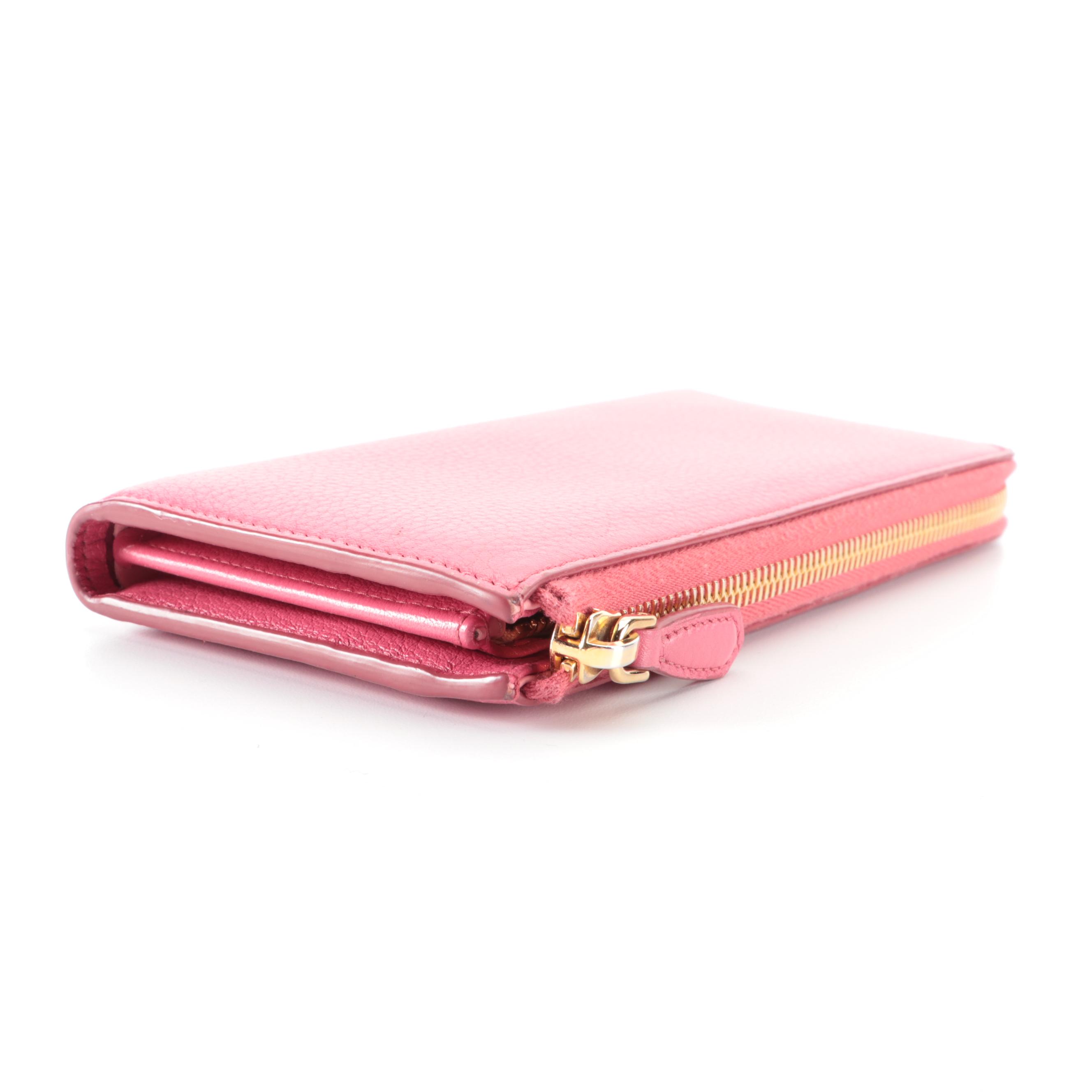 Prada Zip Around Wallet in Pink Grained Leather with Box