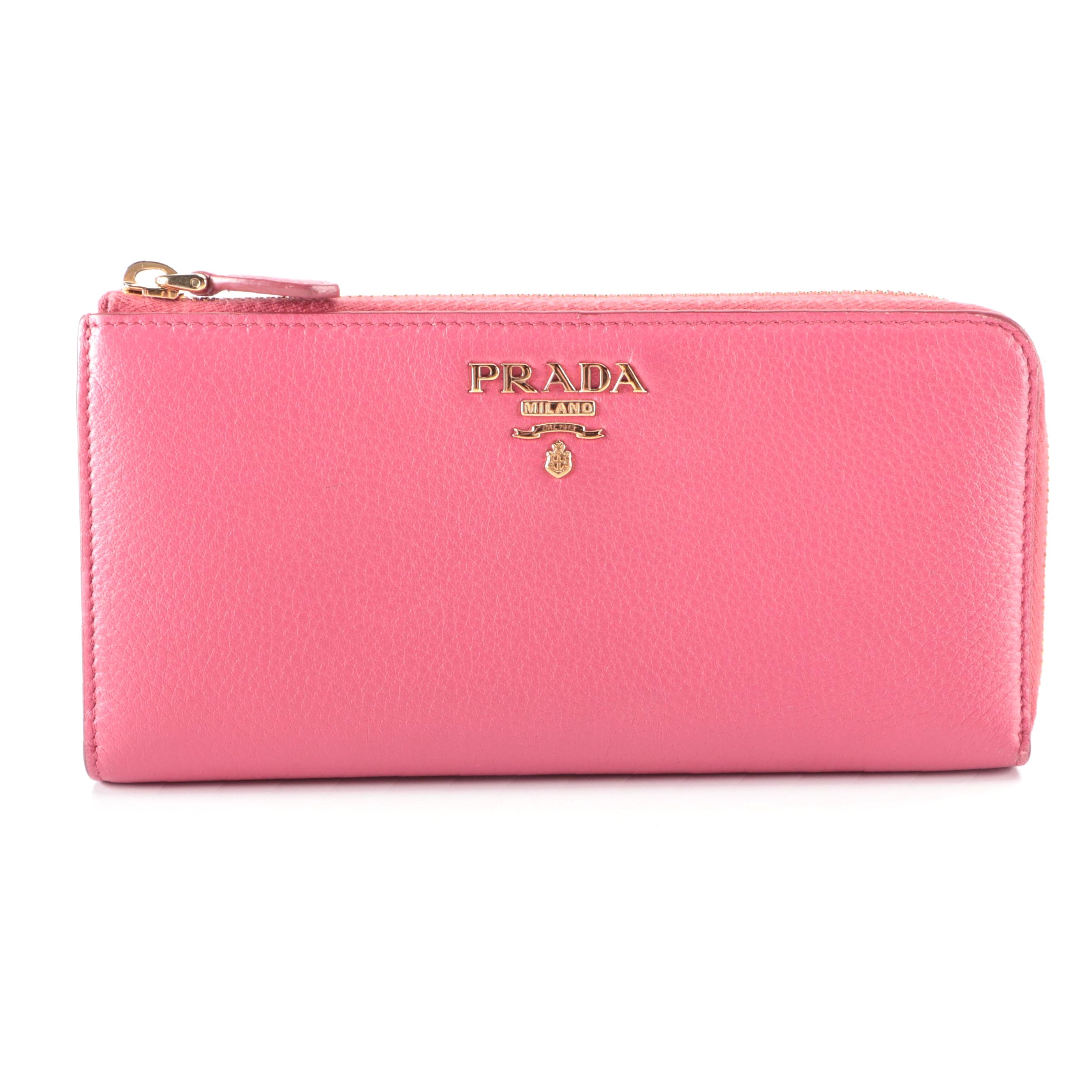 Prada Zip Around Wallet in Pink Grained Leather with Box