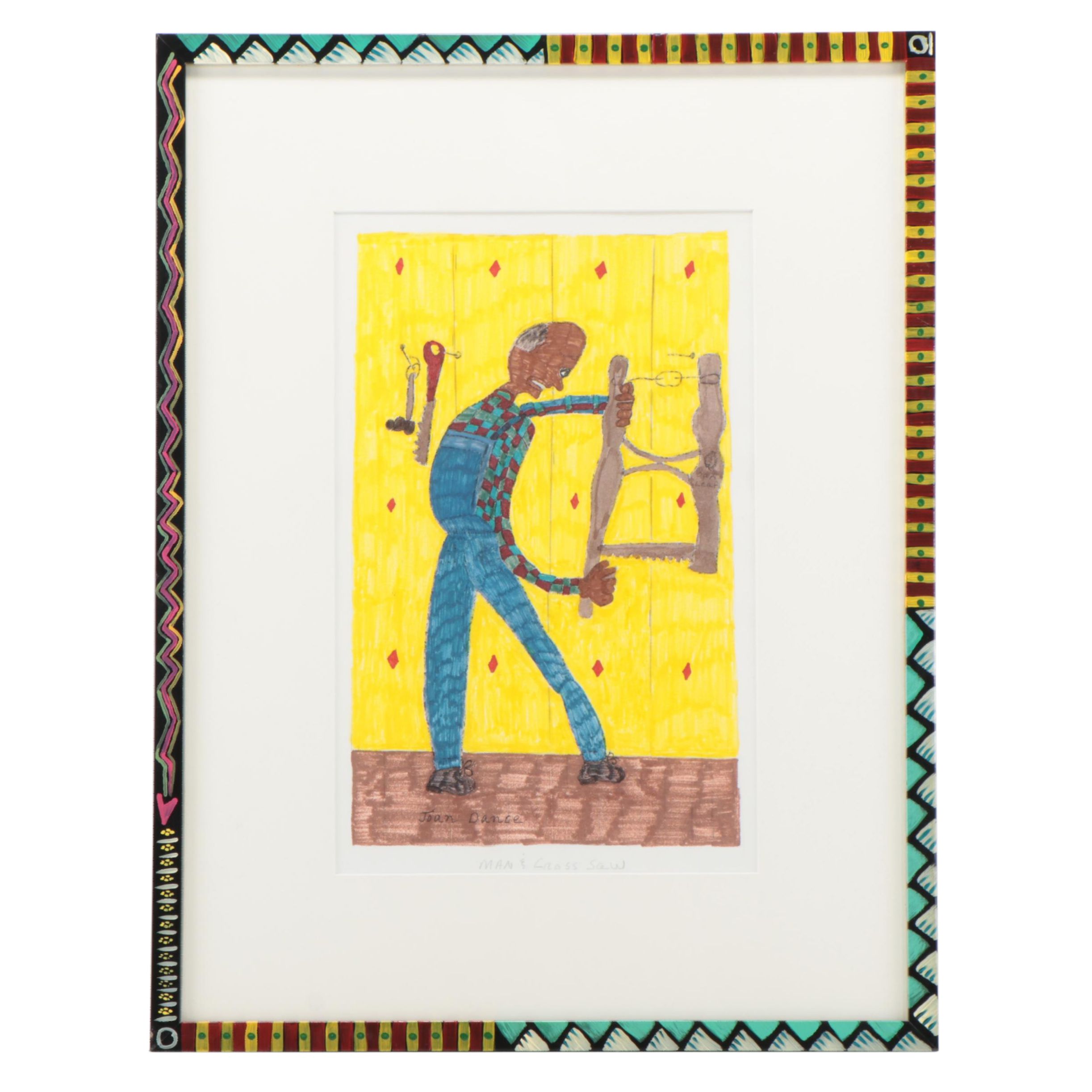 Joan Dance Outsider Art Ink Drawing "Man & Cross Saw," Late 20th Century