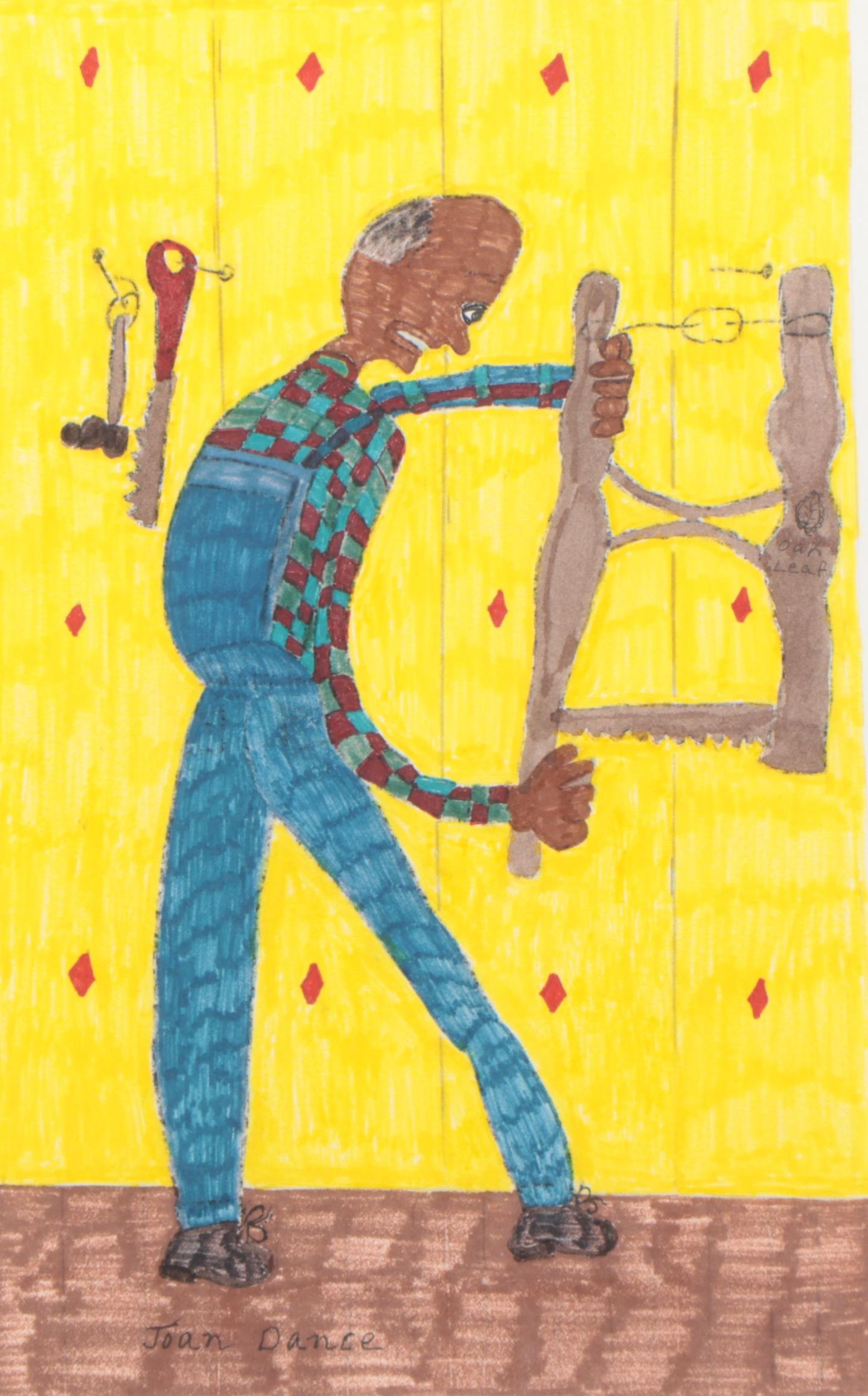 Joan Dance Outsider Art Ink Drawing "Man & Cross Saw," Late 20th Century