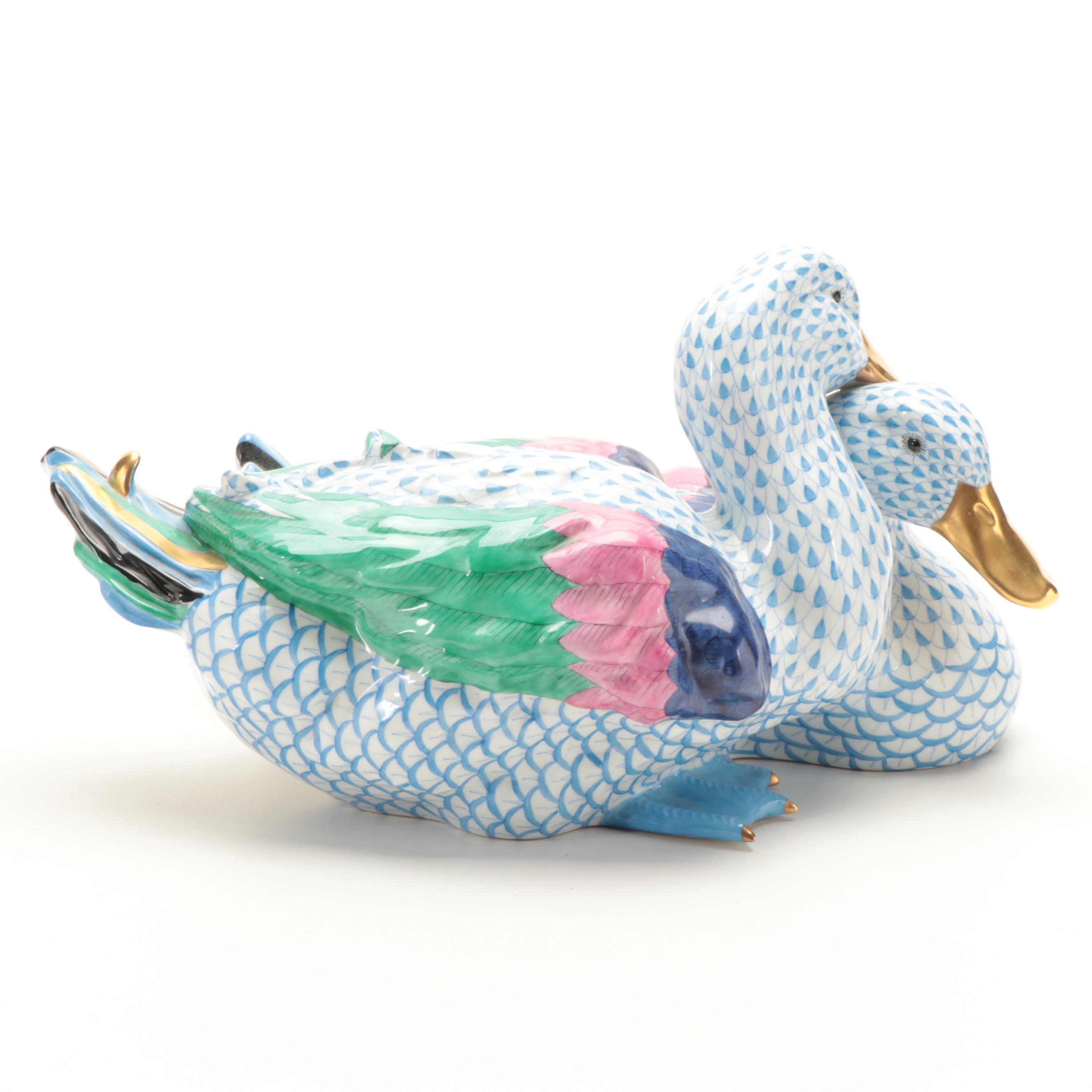 Herend Blue Fishnet with Gold "Pair of Ducks" Porcelain Figurine