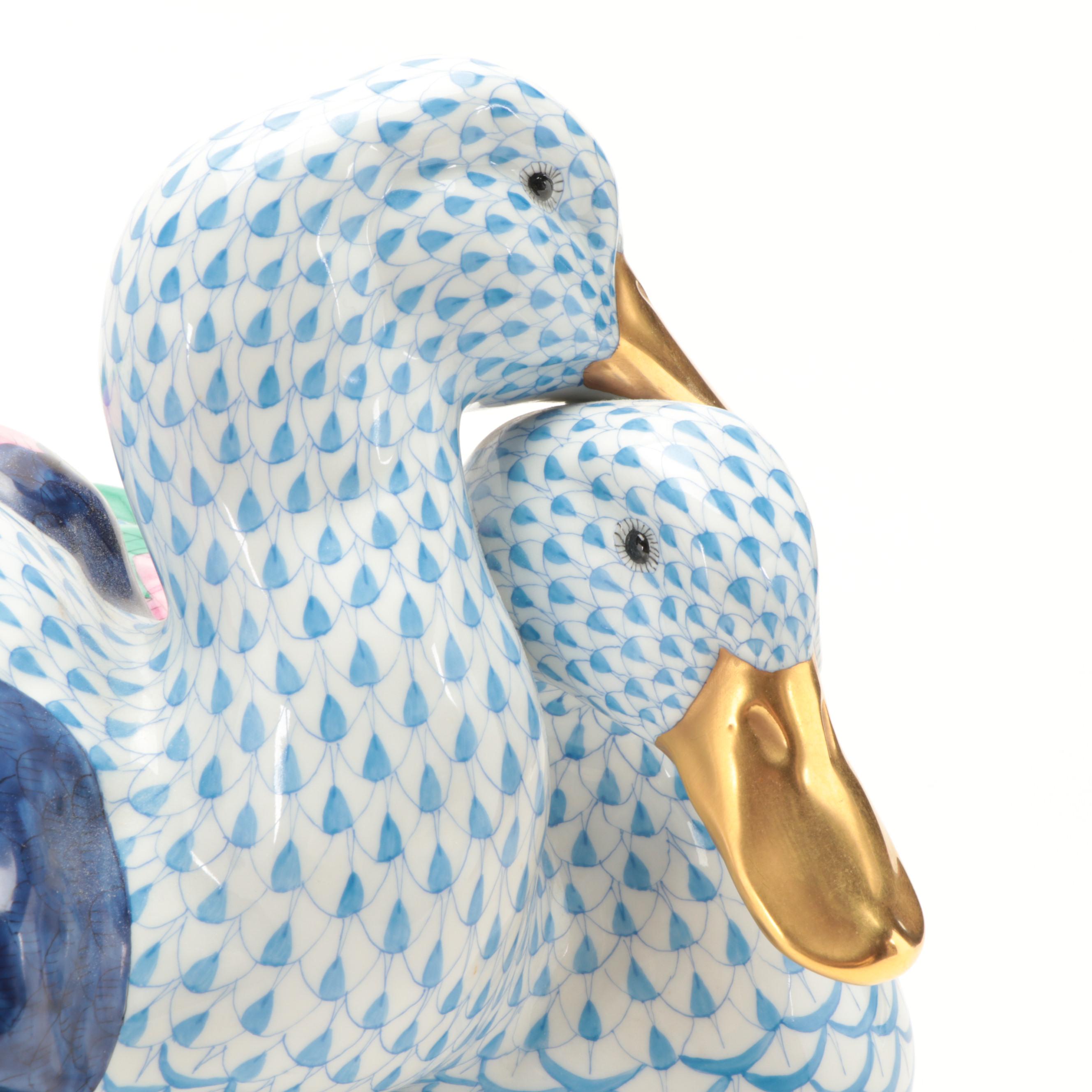 Herend Blue Fishnet with Gold "Pair of Ducks" Porcelain Figurine