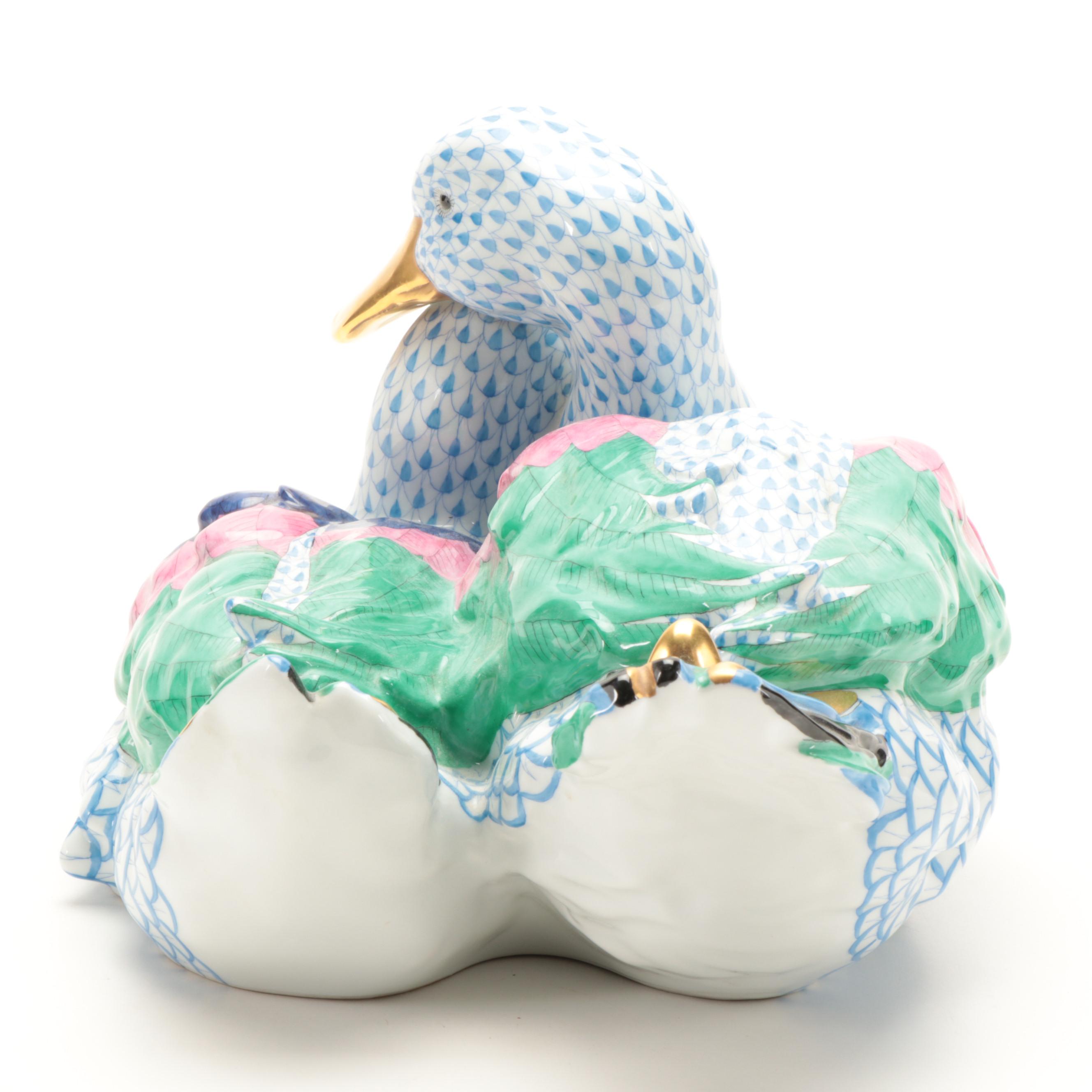 Herend Blue Fishnet with Gold "Pair of Ducks" Porcelain Figurine