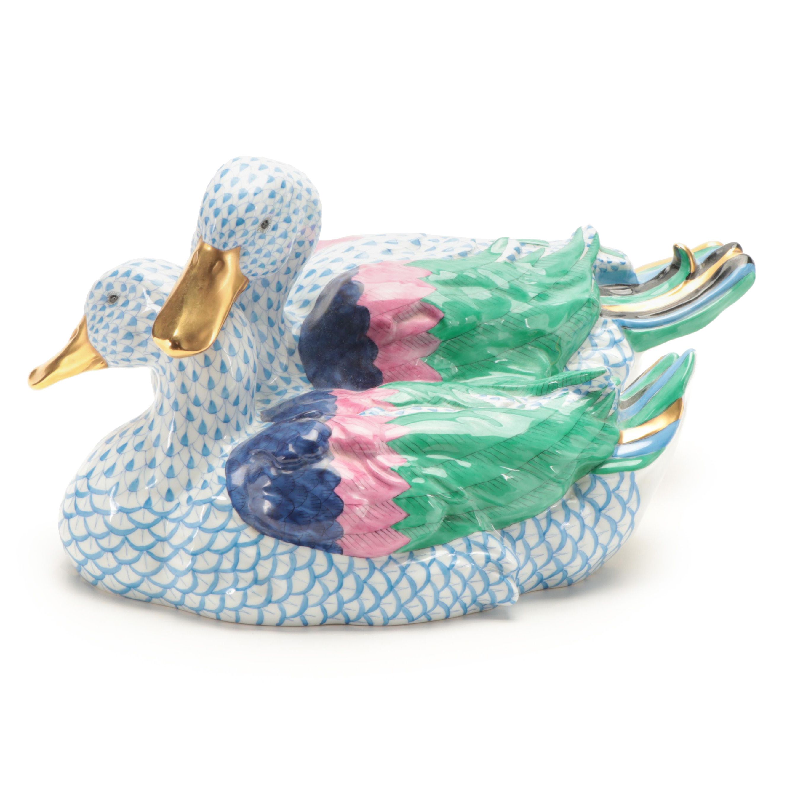 Herend Blue Fishnet with Gold "Pair of Ducks" Porcelain Figurine