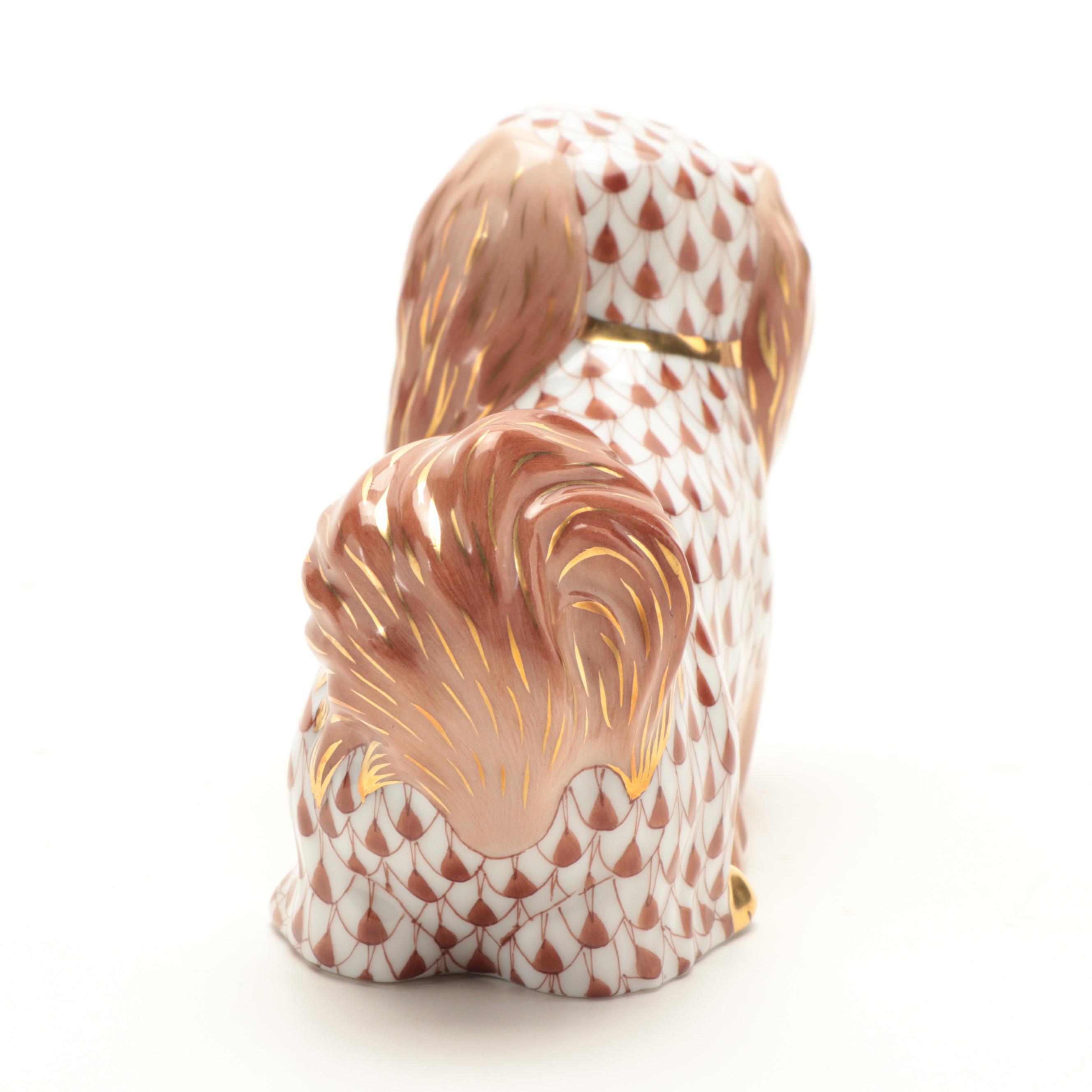 Herend Chocolate Fishnet with Gold "Pekingese" Porcelain Figurine