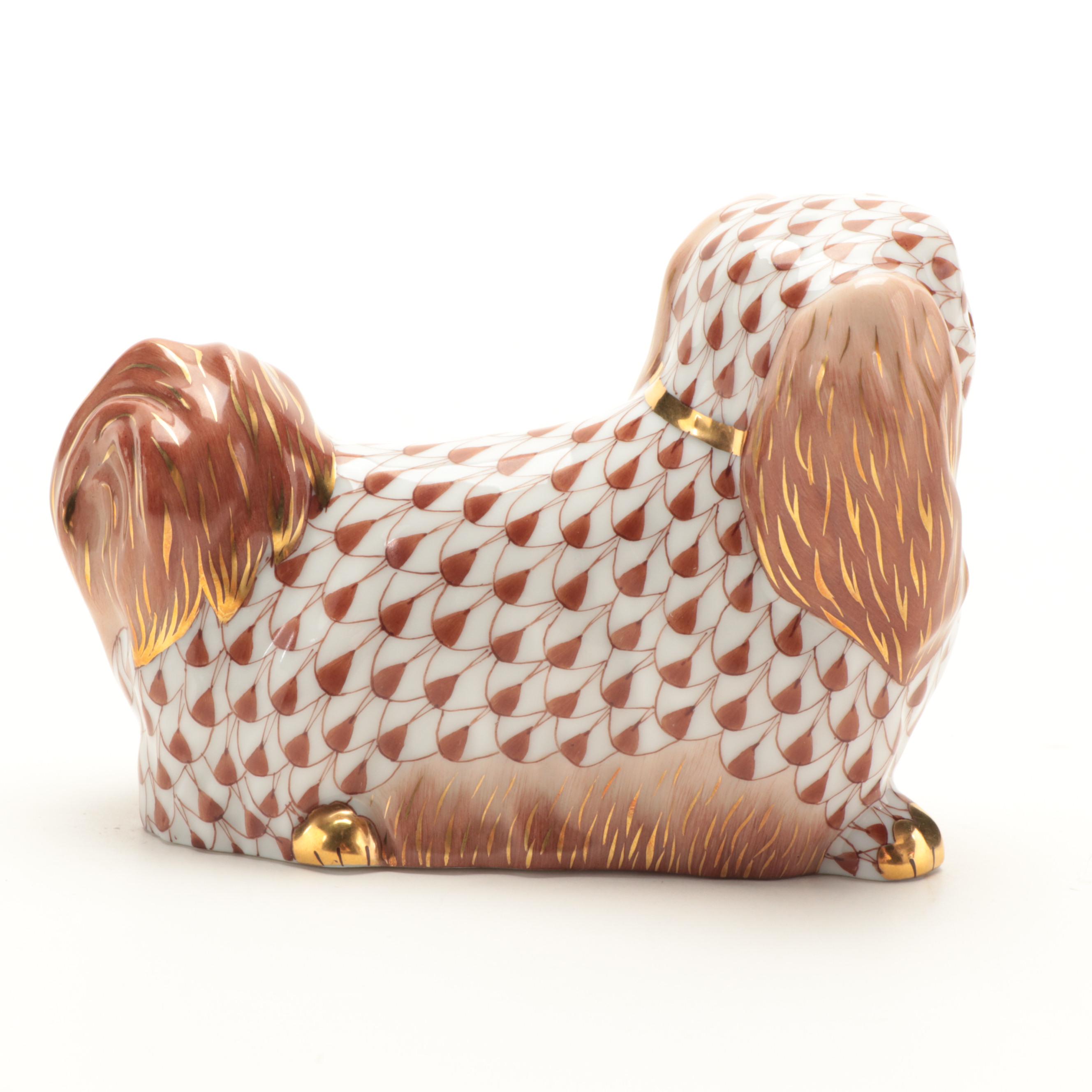 Herend Chocolate Fishnet with Gold "Pekingese" Porcelain Figurine