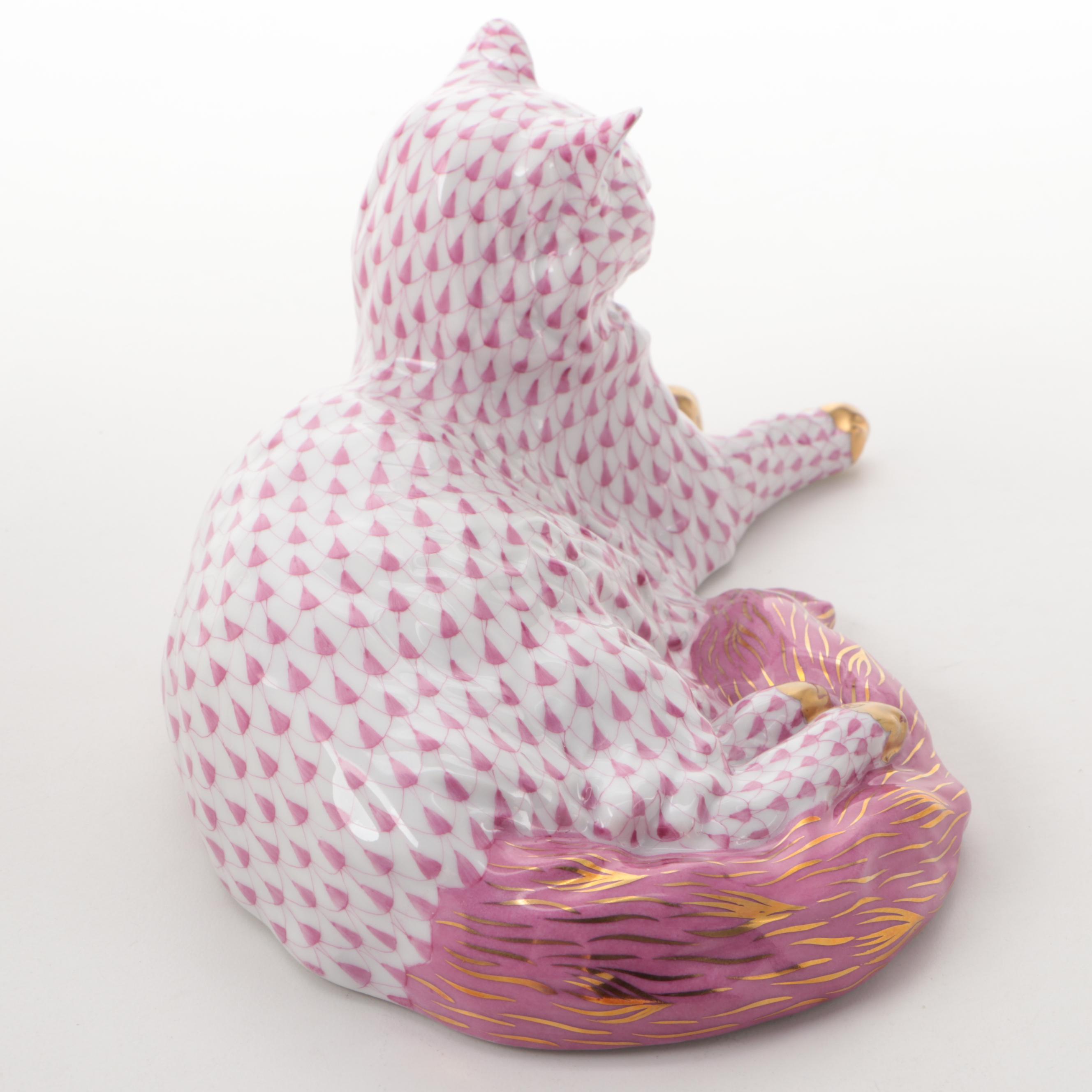 Herend Raspberry Fishnet with Gold "Lying Cat" Porcelain Figurine, April 1997