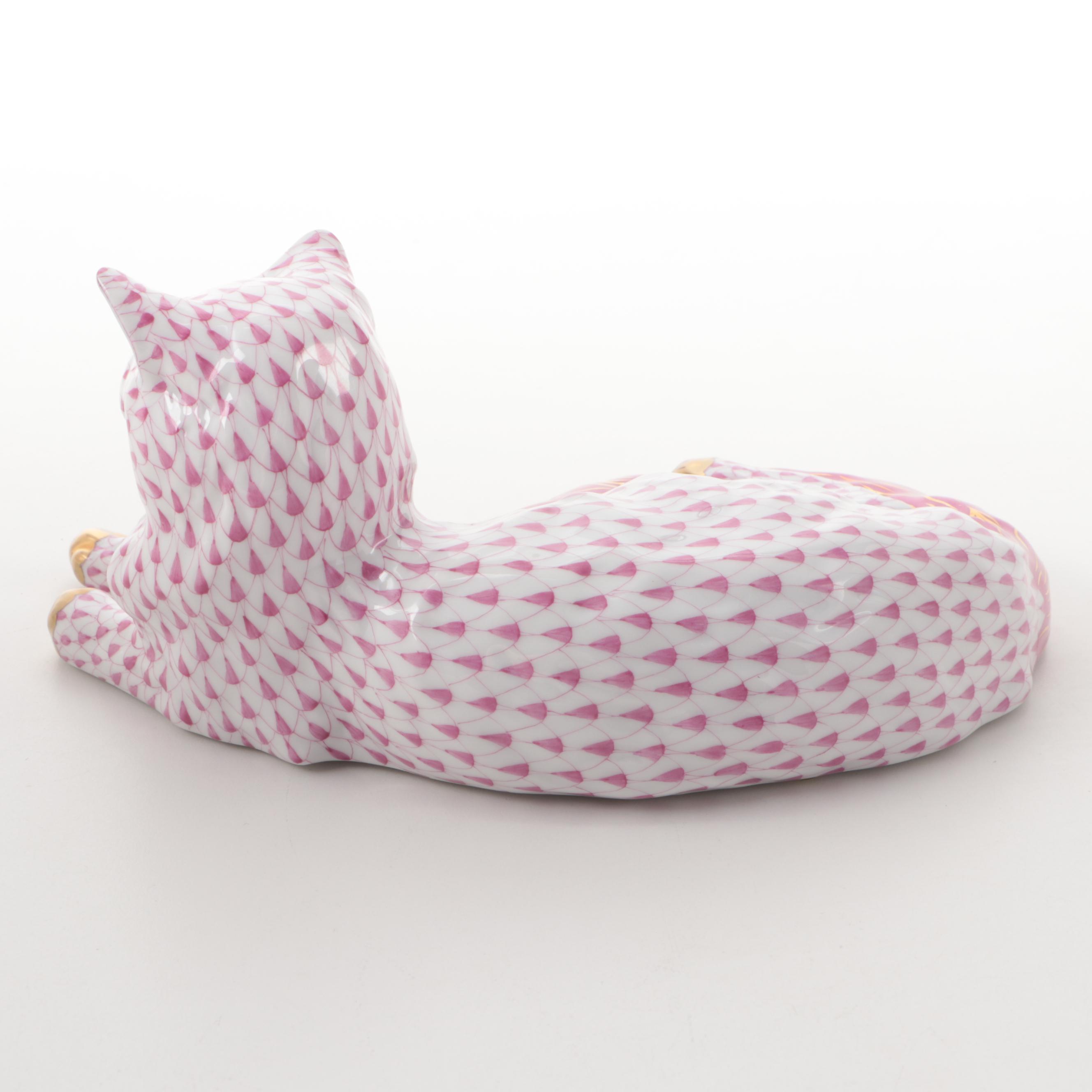 Herend Raspberry Fishnet with Gold "Lying Cat" Porcelain Figurine, April 1997