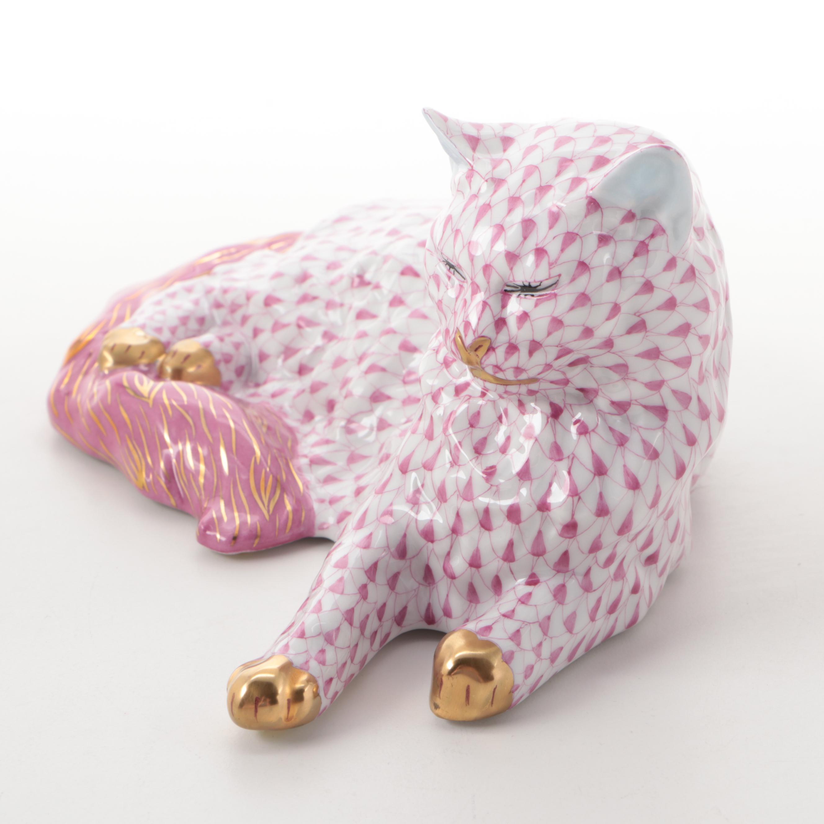 Herend Raspberry Fishnet with Gold "Lying Cat" Porcelain Figurine, April 1997