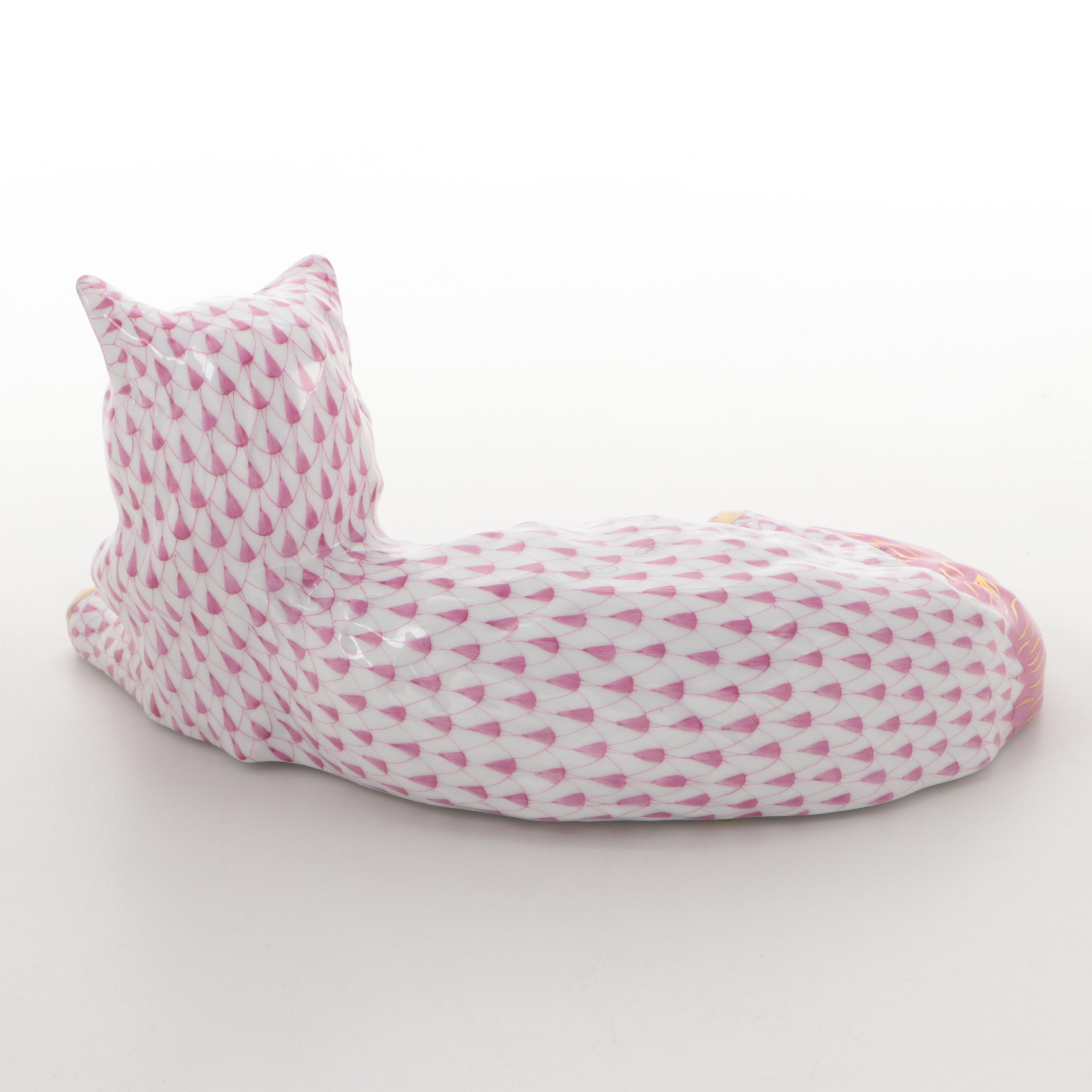 Herend Raspberry Fishnet with Gold "Lying Cat" Porcelain Figurine, April 1997