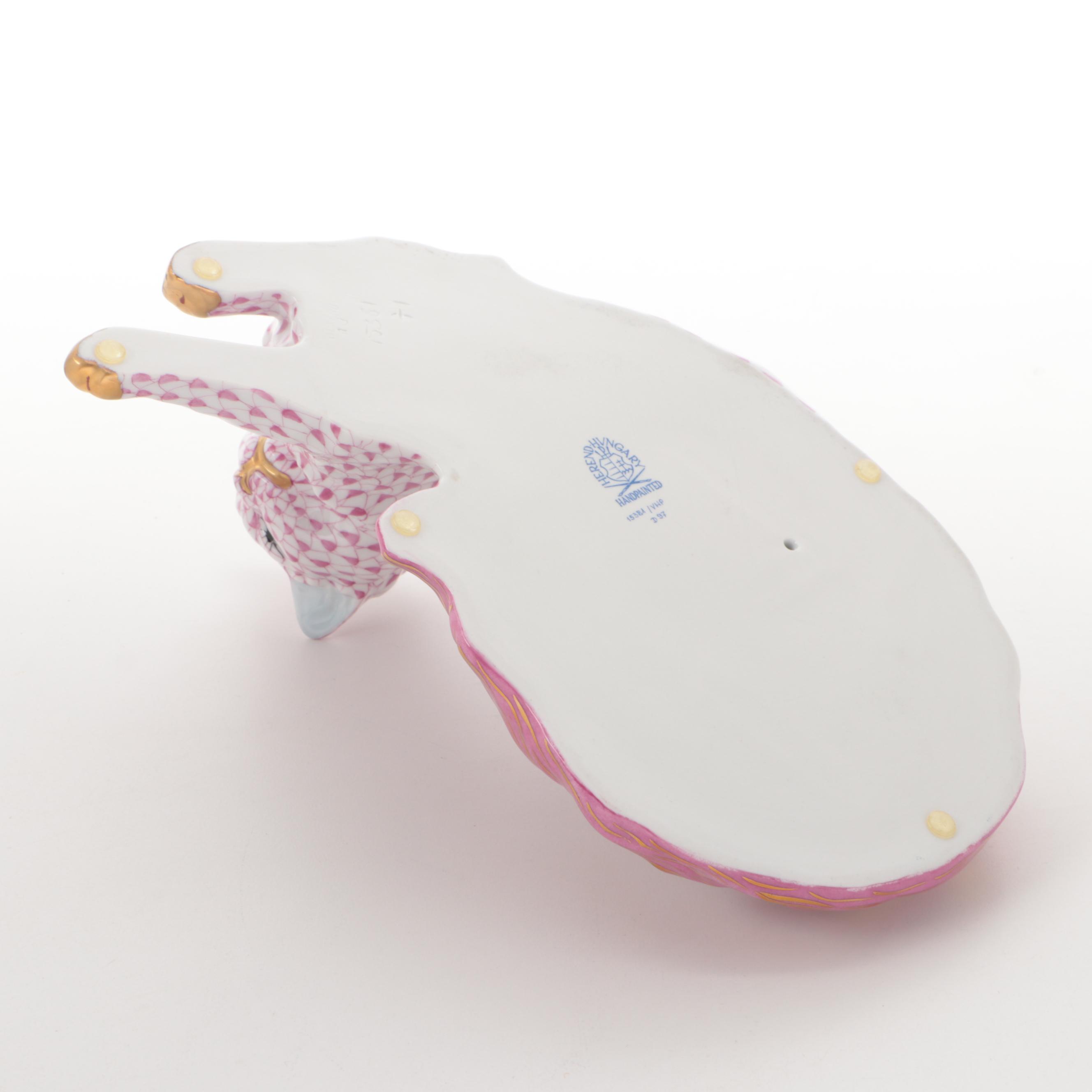 Herend Raspberry Fishnet with Gold "Lying Cat" Porcelain Figurine, April 1997