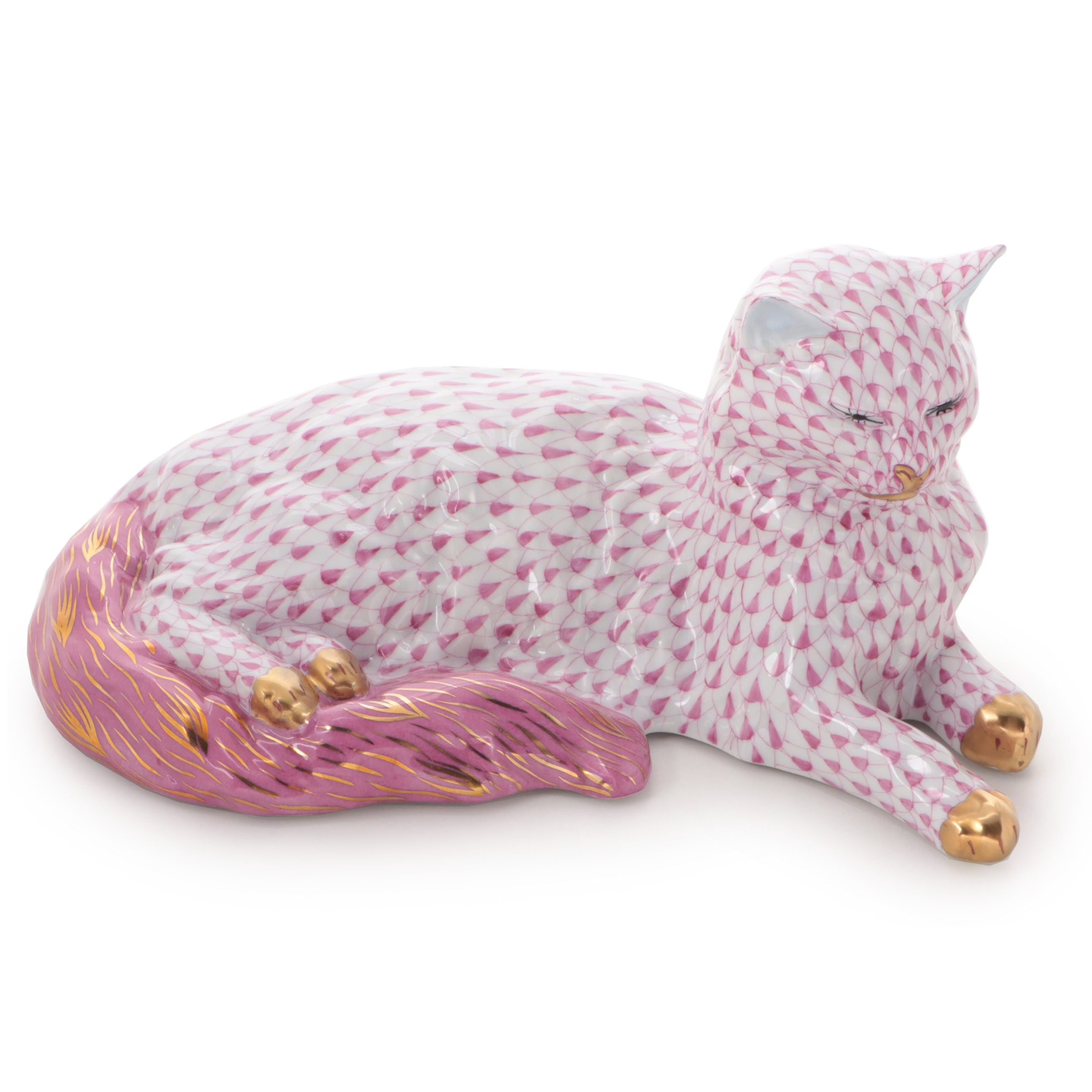 Herend Raspberry Fishnet with Gold "Lying Cat" Porcelain Figurine, April 1997