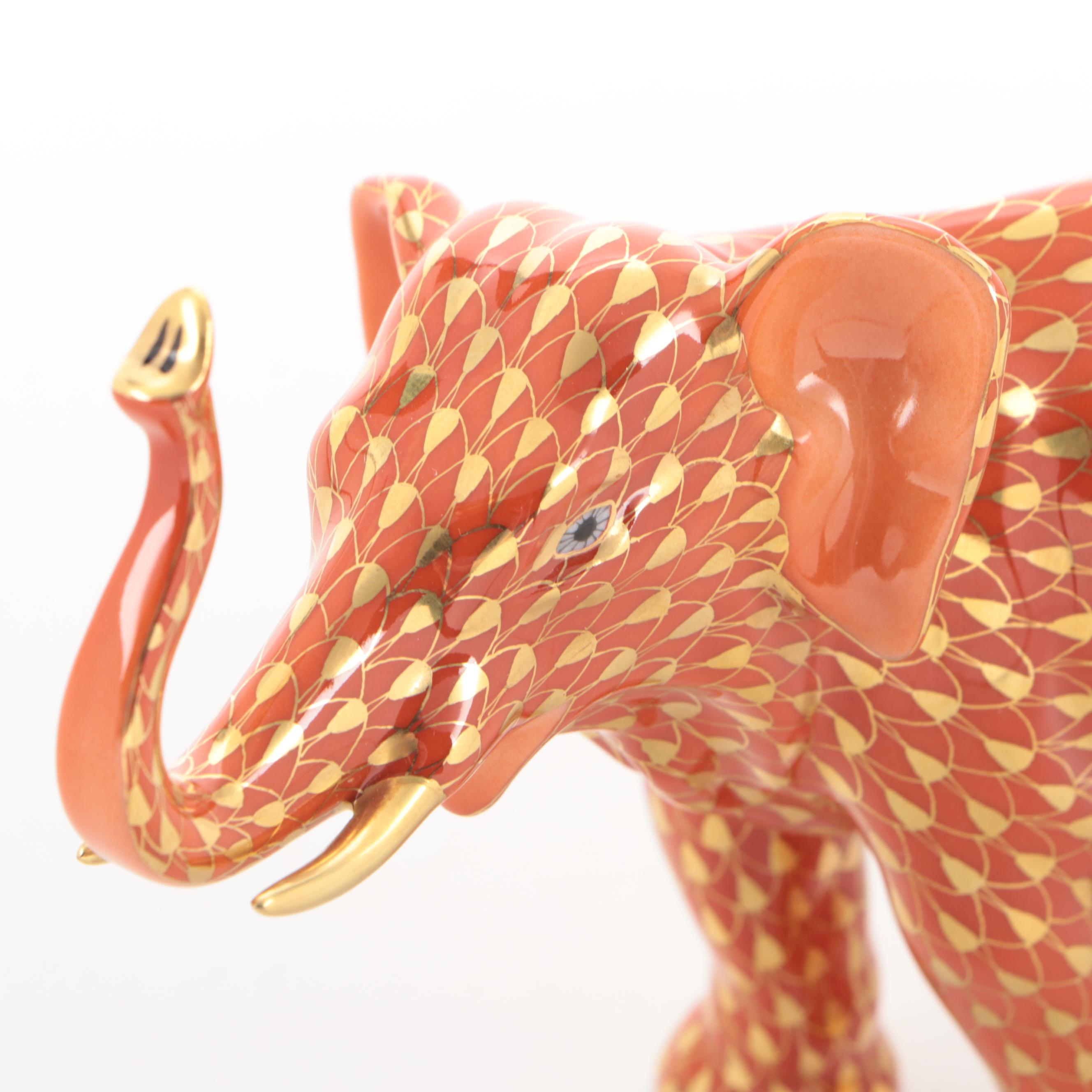Herend Gold Fishnet and Rust "Elephant Luck" Porcelain Figurine