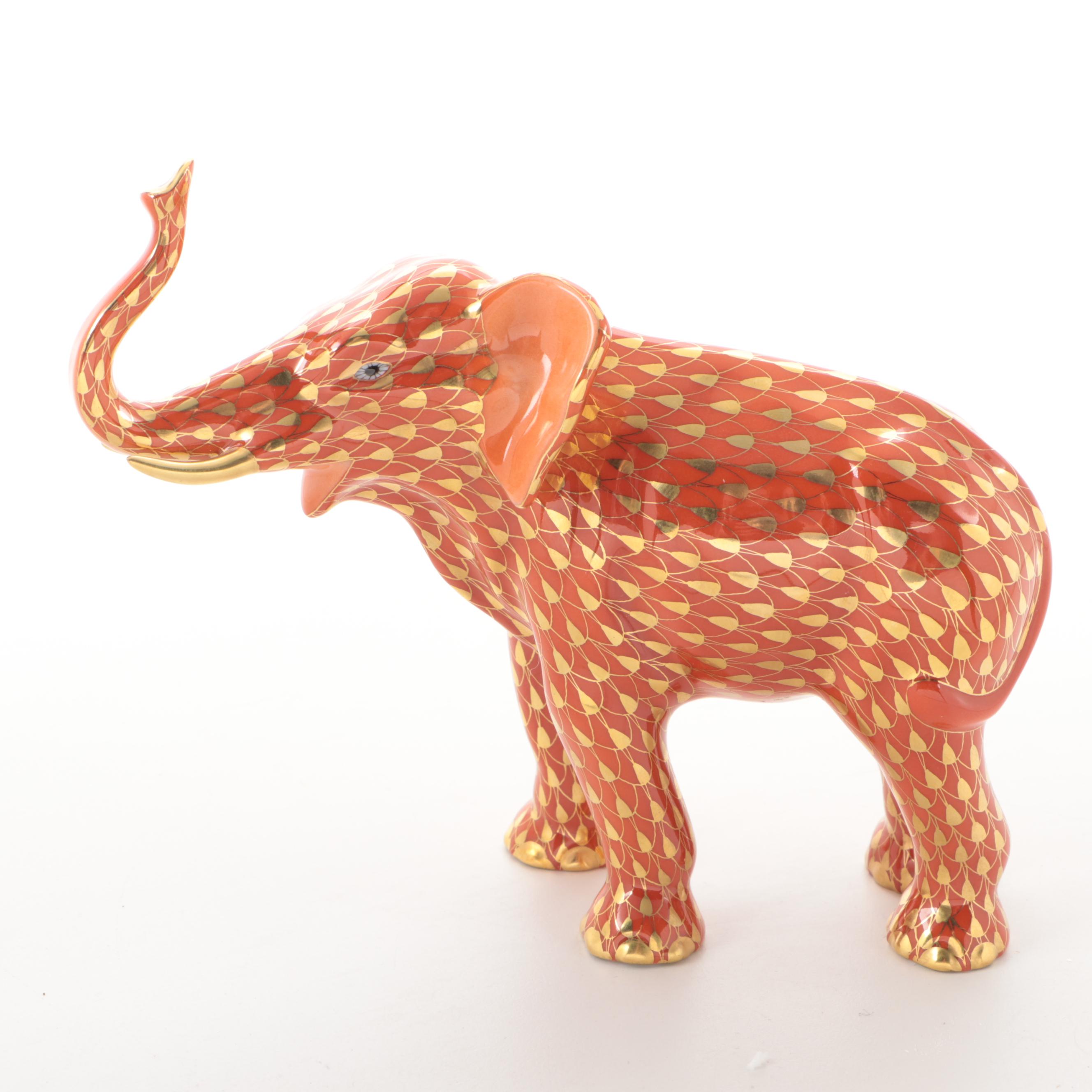 Herend Gold Fishnet and Rust "Elephant Luck" Porcelain Figurine