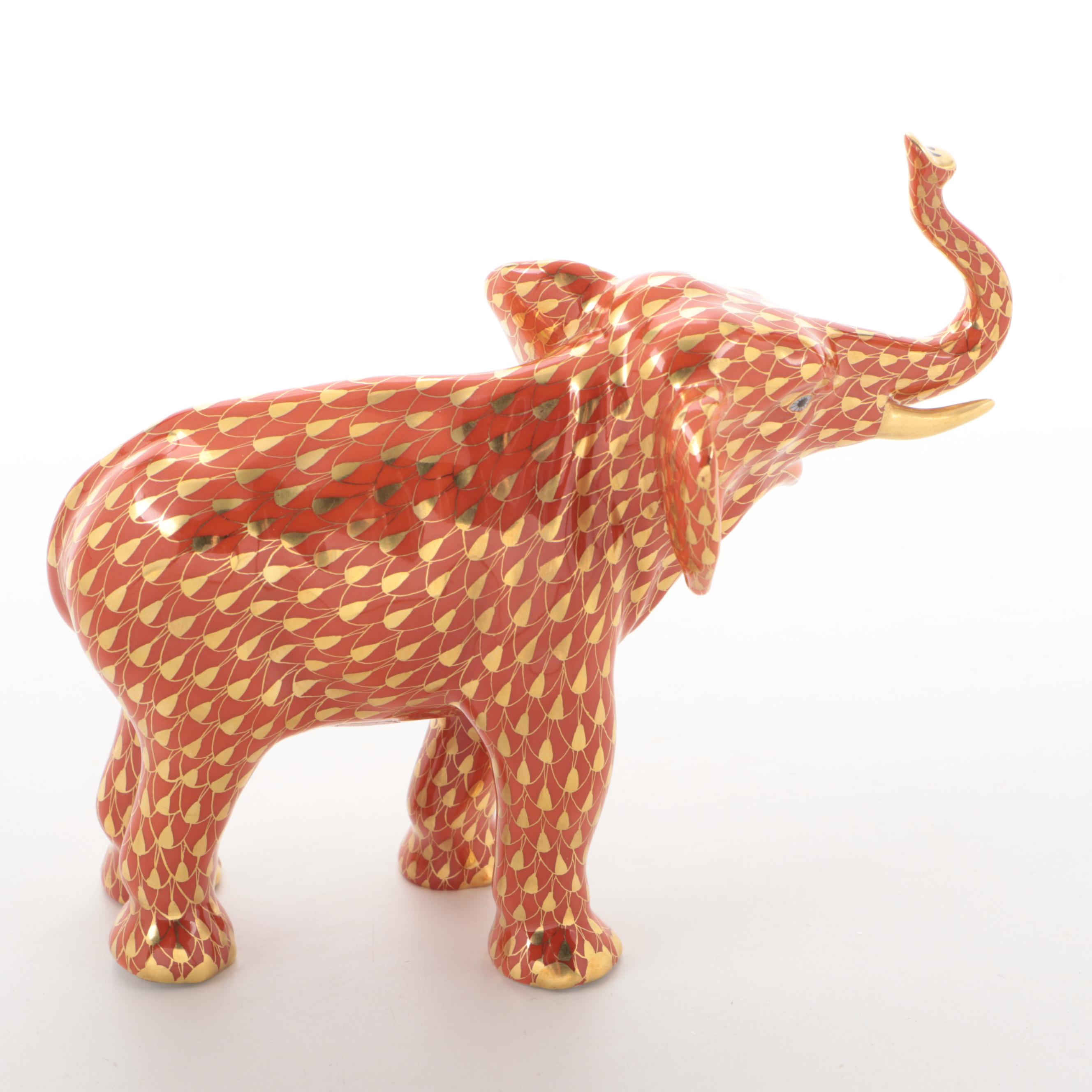 Herend Gold Fishnet and Rust "Elephant Luck" Porcelain Figurine
