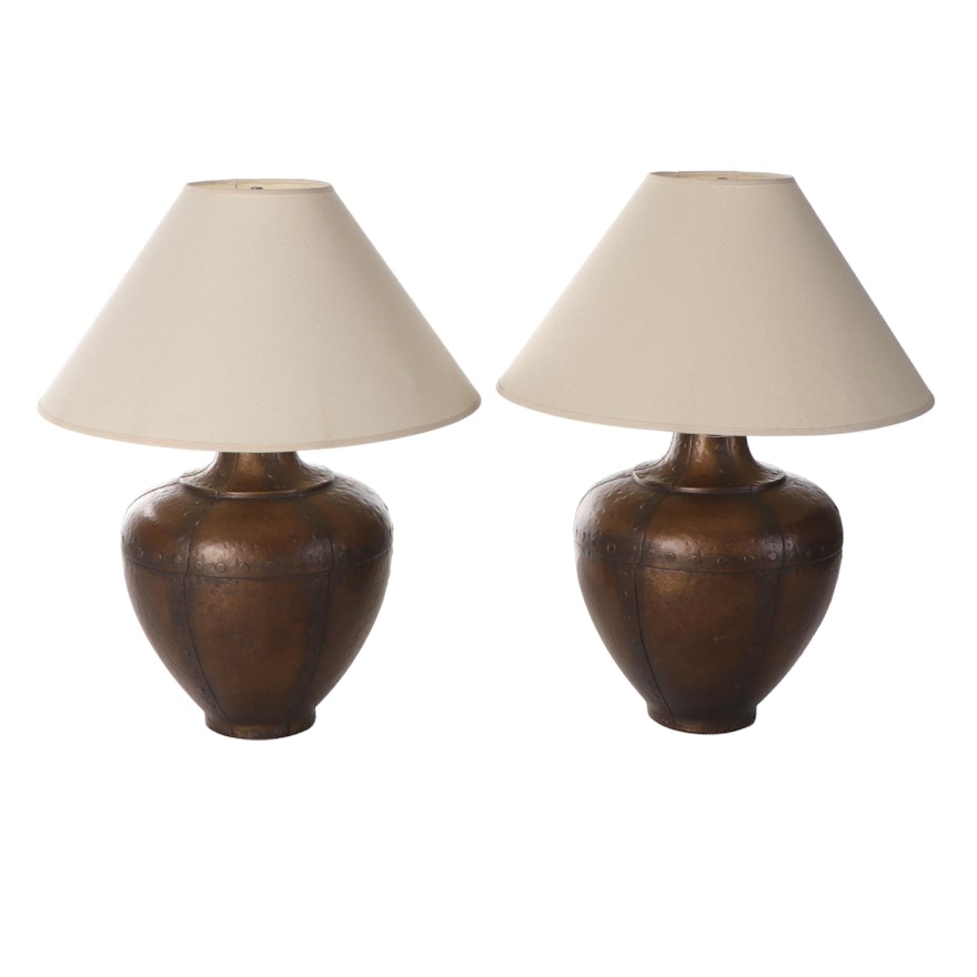 Pair of Faux Riveted Cast Composite Table Lamps