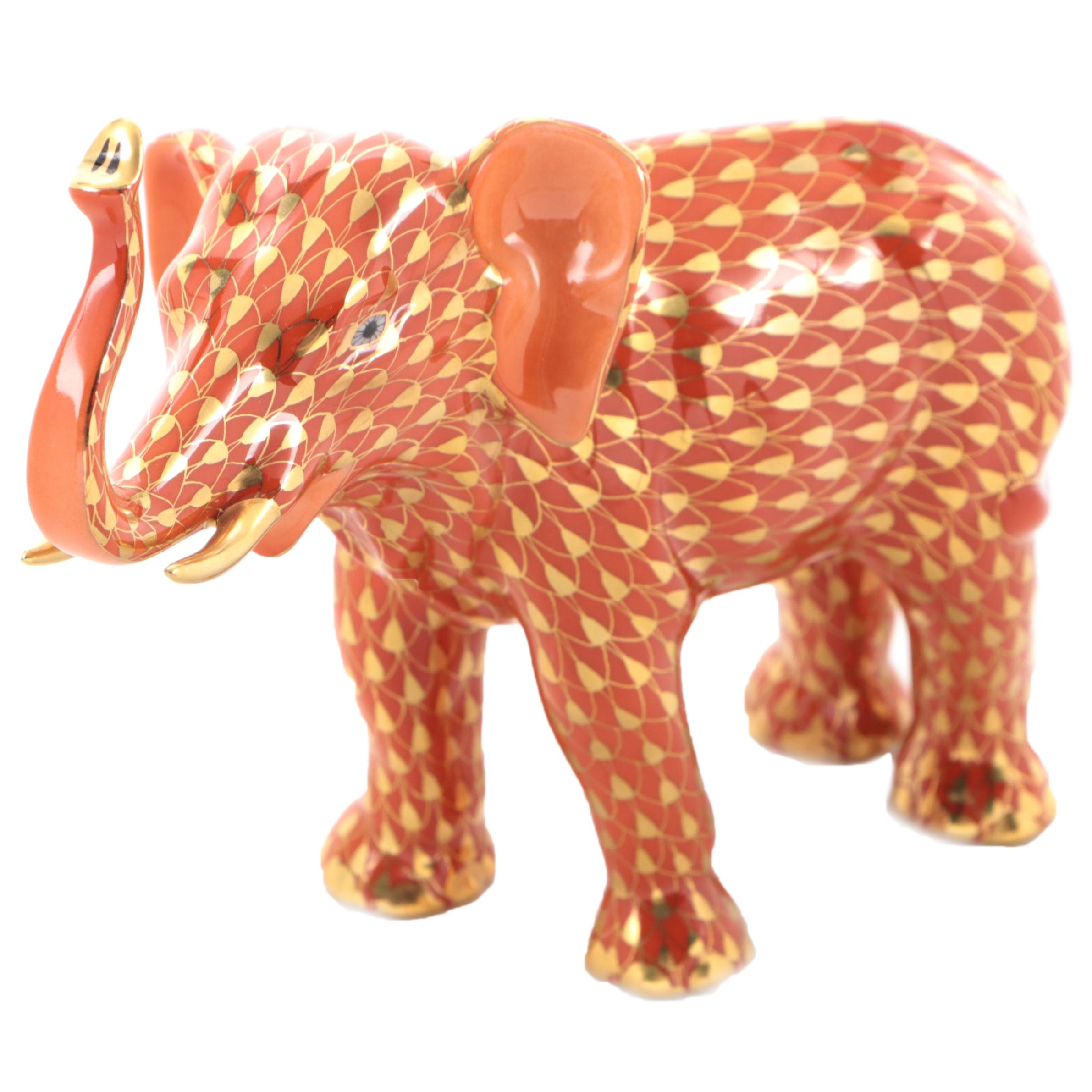 Herend Gold Fishnet and Rust "Elephant Luck" Porcelain Figurine