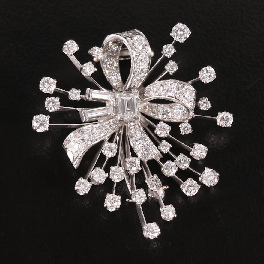 Retro Platinum 3.07 CTW Diamond Spray with Ribbon Double Clip Brooch