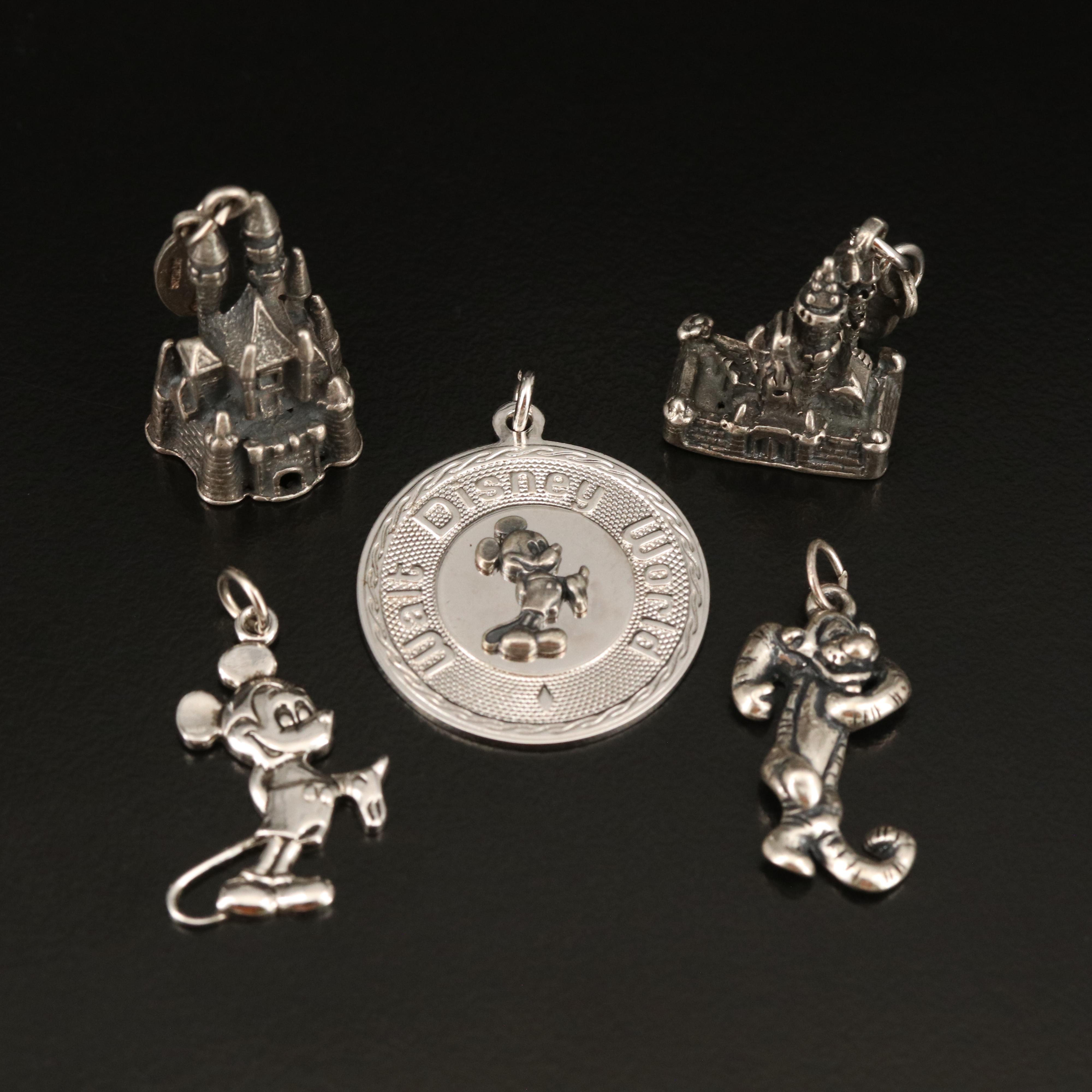 Sterling Disney Charms Including Castles, Mickey Mouse and Tigger