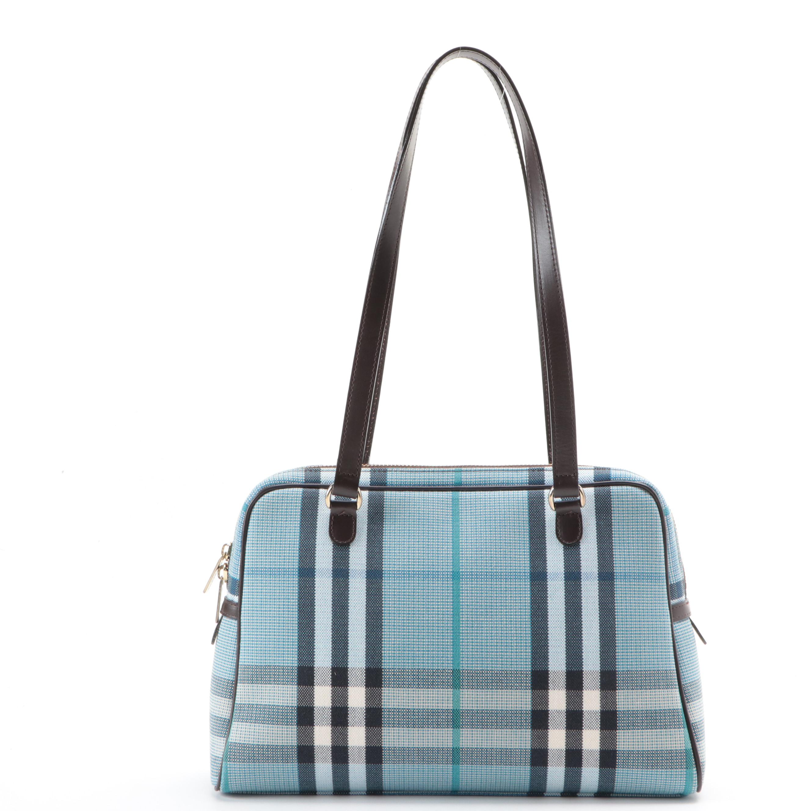 Burberry Blue Zip Shoulder Bag in Blue Nova Check Canvas and Dark Brown Leather